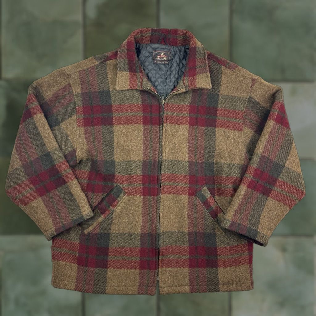 VINTAGE Blend Jacket Adult Large Beige Red Plaid Wool Blend Winter