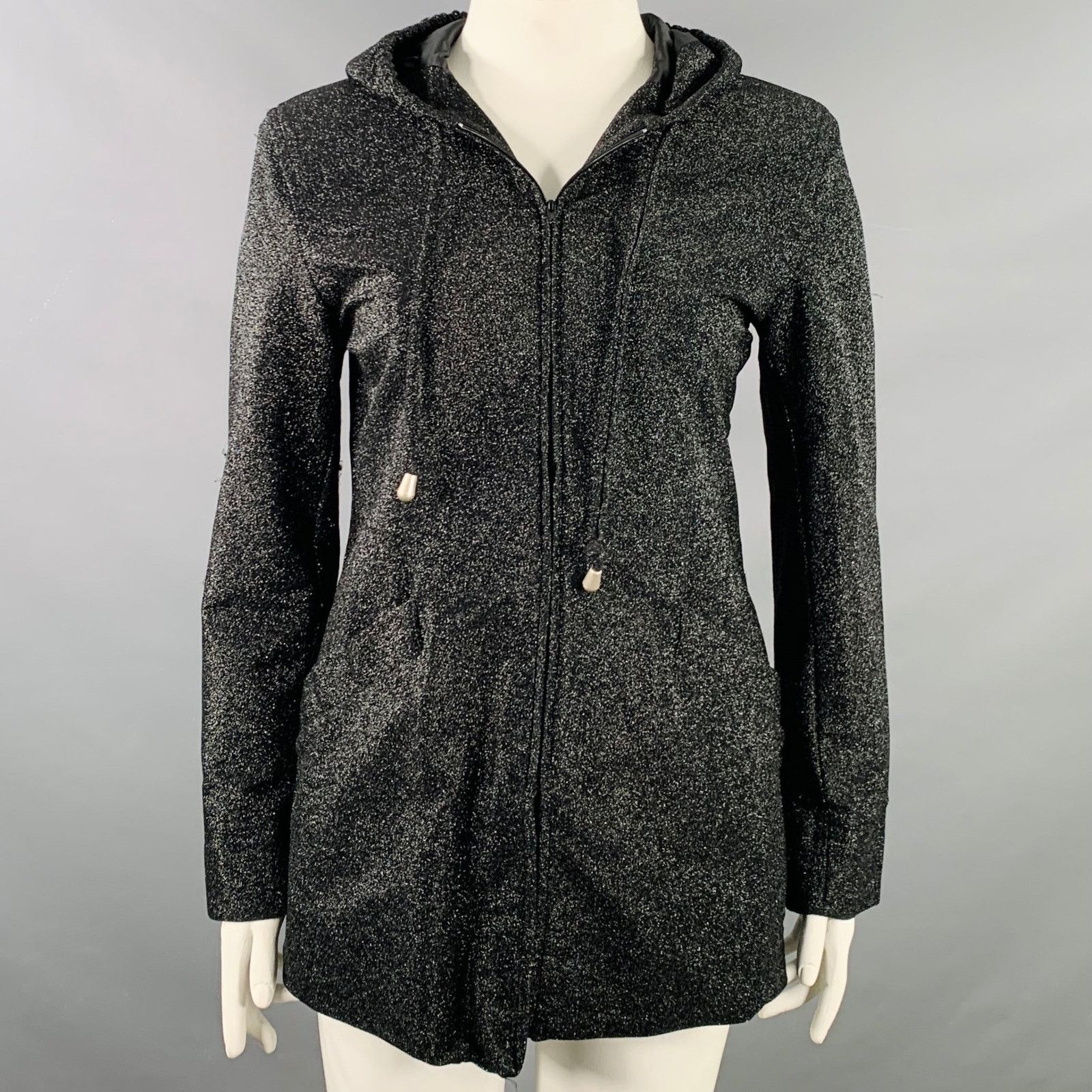 plein sud PLEIN SUD Size 10 Black Glitter Polyamide Blend Hooded Coat Size L / US 10 / IT 46 - 1 Thumbnail