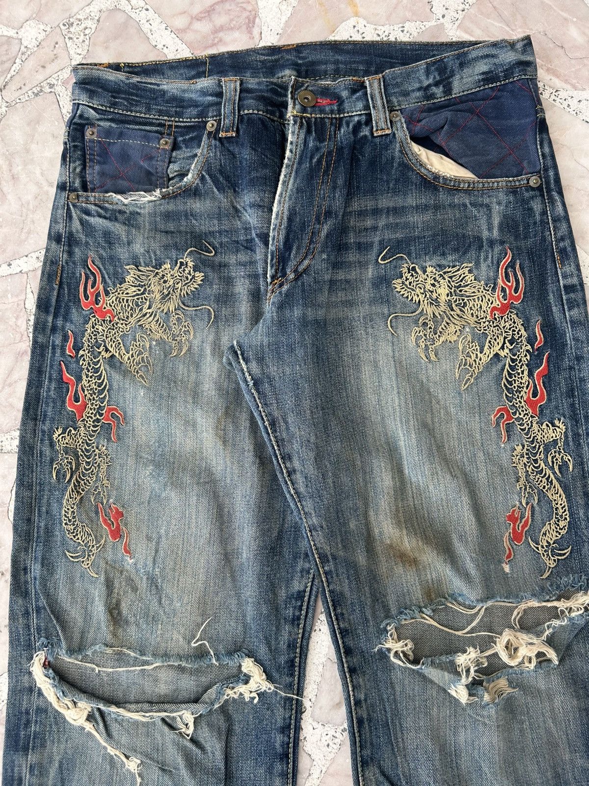 Eternal Vintage Distress Dragon Embroidered Denim Size US 30 / EU 46 - 4 Thumbnail