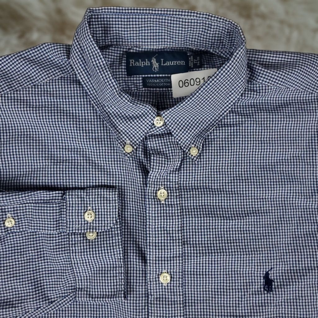 Ralph Lauren VINTAGE Ralph Lauren Dress Shirt Men Size 17 Blue Check Cotton Long Sleeve Button Up Size 46R - 1 Thumbnail
