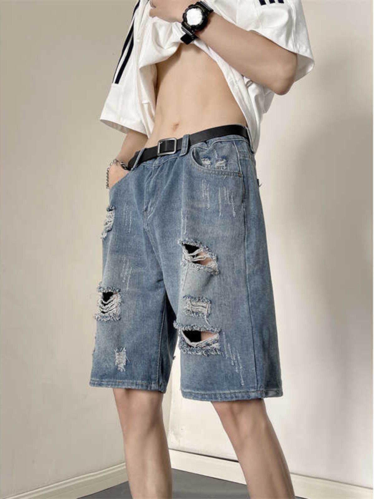 Japanese Brand × Jean Retro loose casual distressed denim shorts Size US 30 / EU 46 - 4 Thumbnail