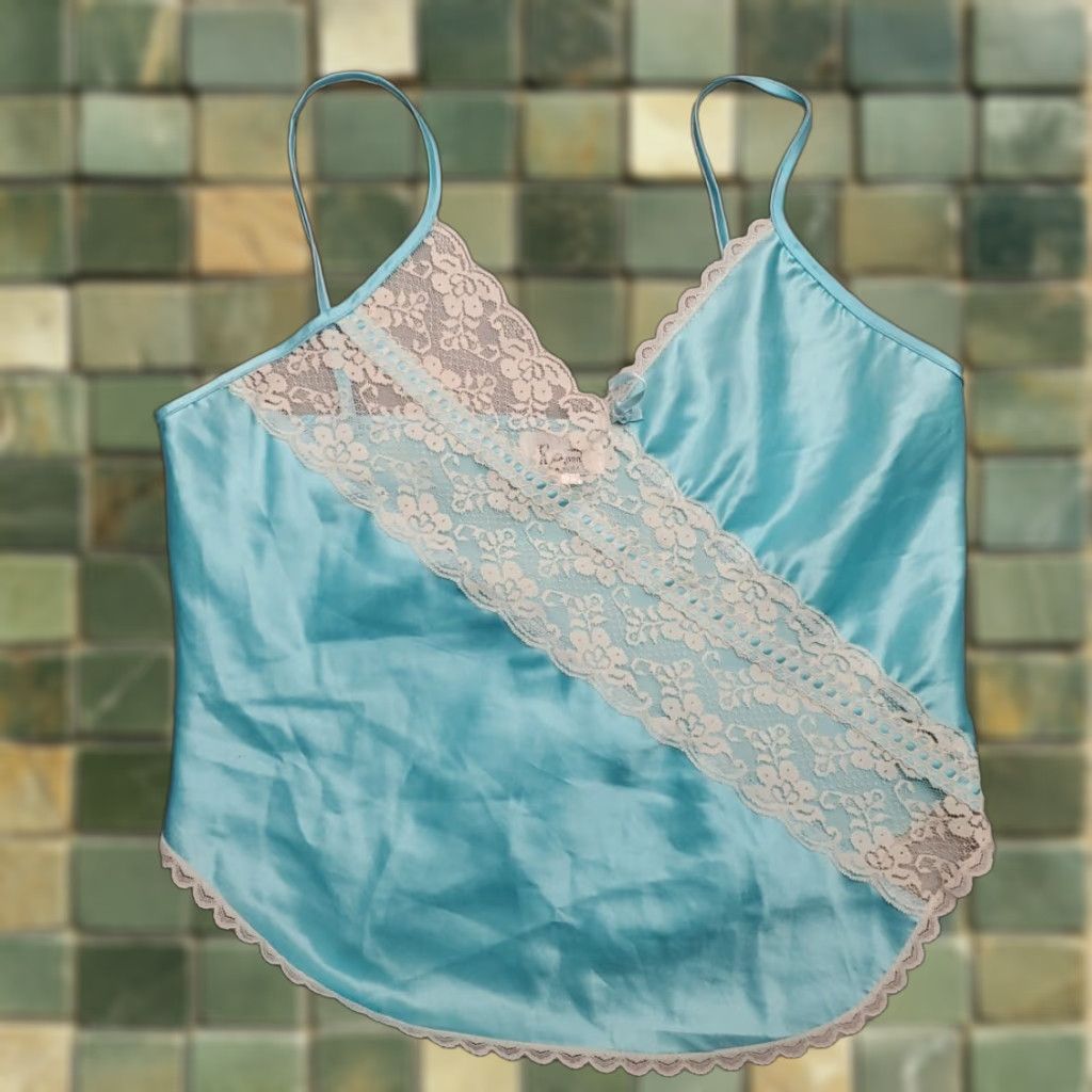 Vintage VINTAGE Paramount Camisole Womens S Blue Ivory Satin Slip Top Lace Bow 70s Retro Size S / US 4 / IT 40 - 1 Thumbnail