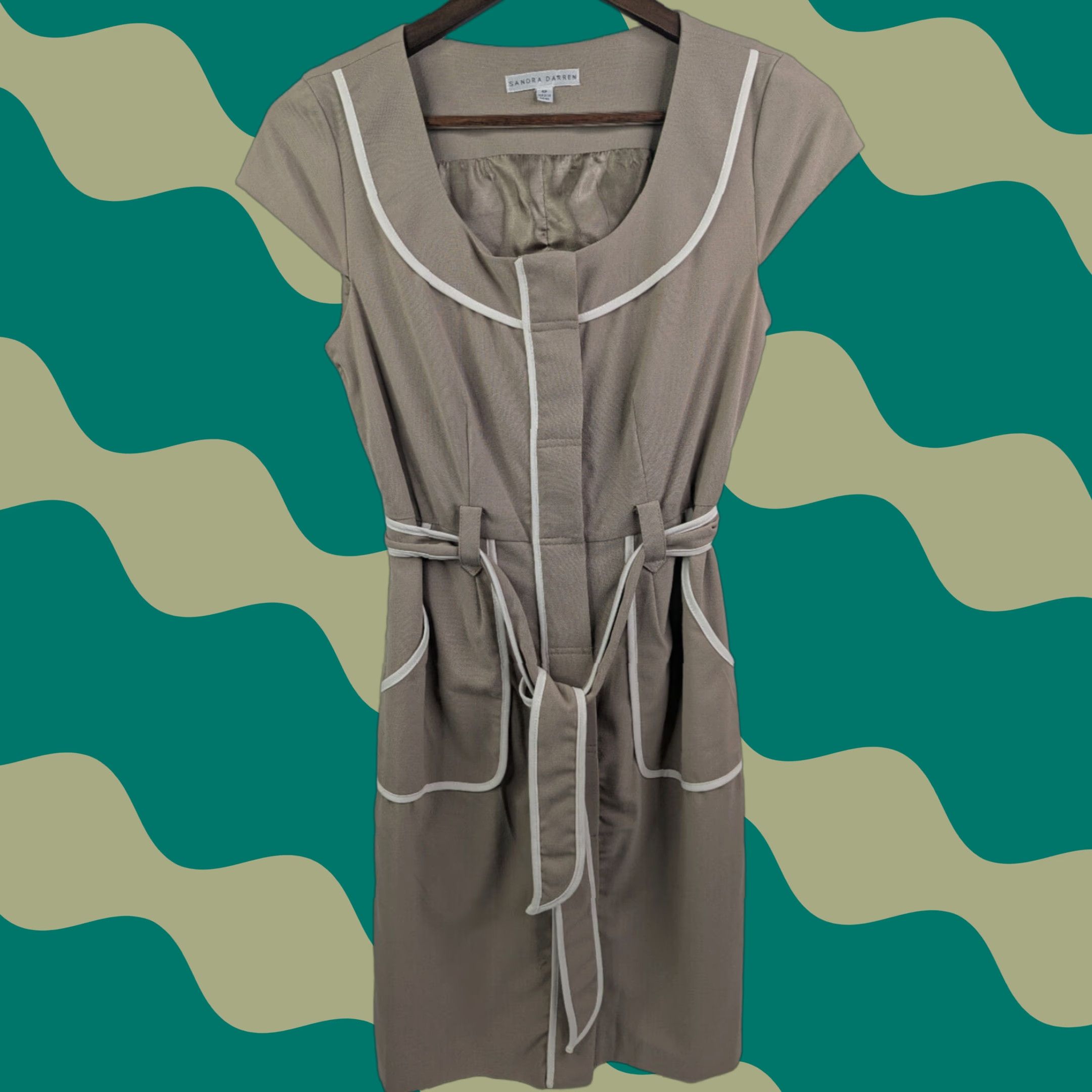 Vintage Sandra Darren Womens Dress Cap Sleeve Belted Midi Sheath Tan 4P Pockets? (Note: cap sleeve, belt, tan, petite) Size S / US 4 / IT 40 - 1 Thumbnail