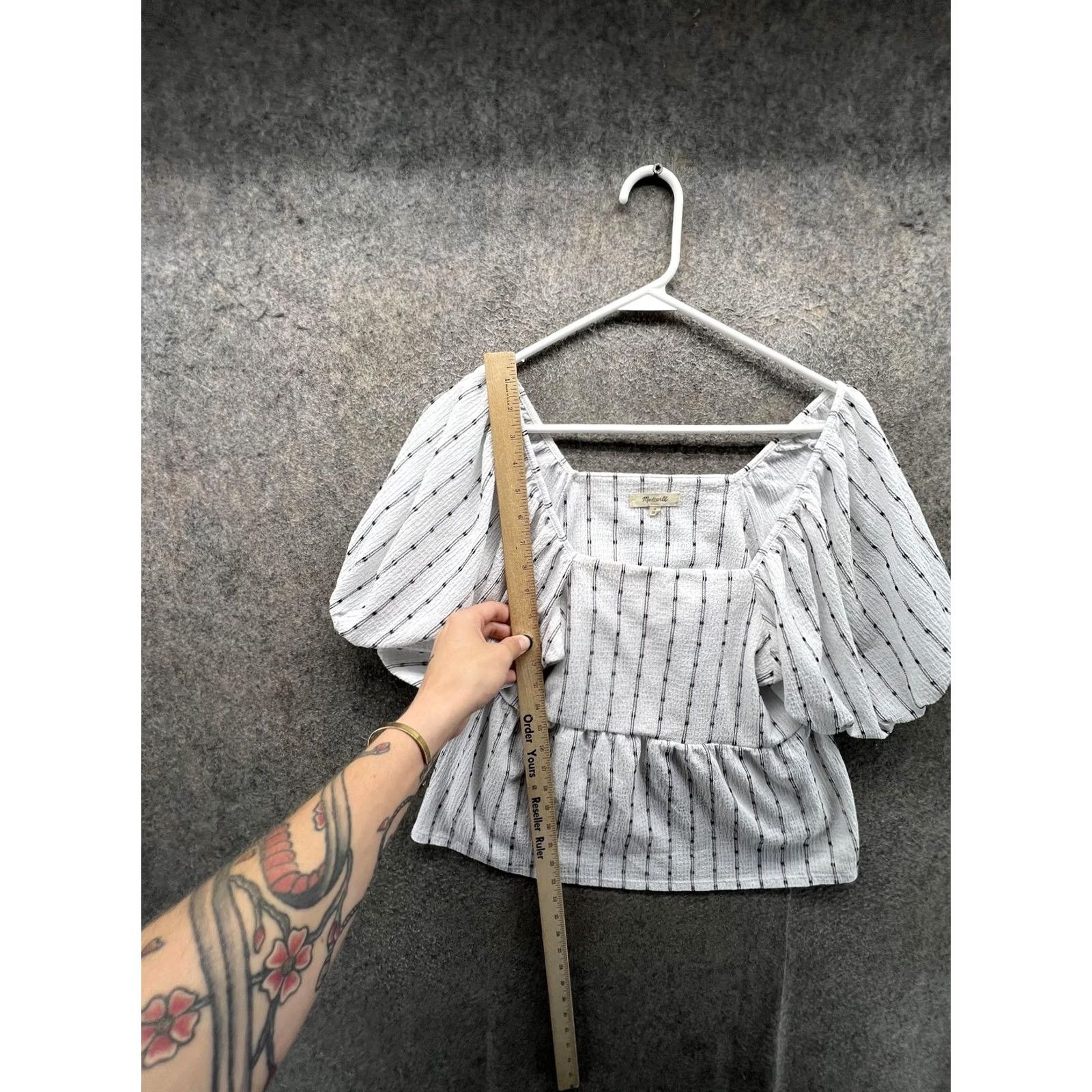 Madewell Madewell Blouse Womens Medium White Stripe Square Neck Puff Sleeve Peplum Top Size M / US 6-8 / IT 42-44 - 3 Thumbnail