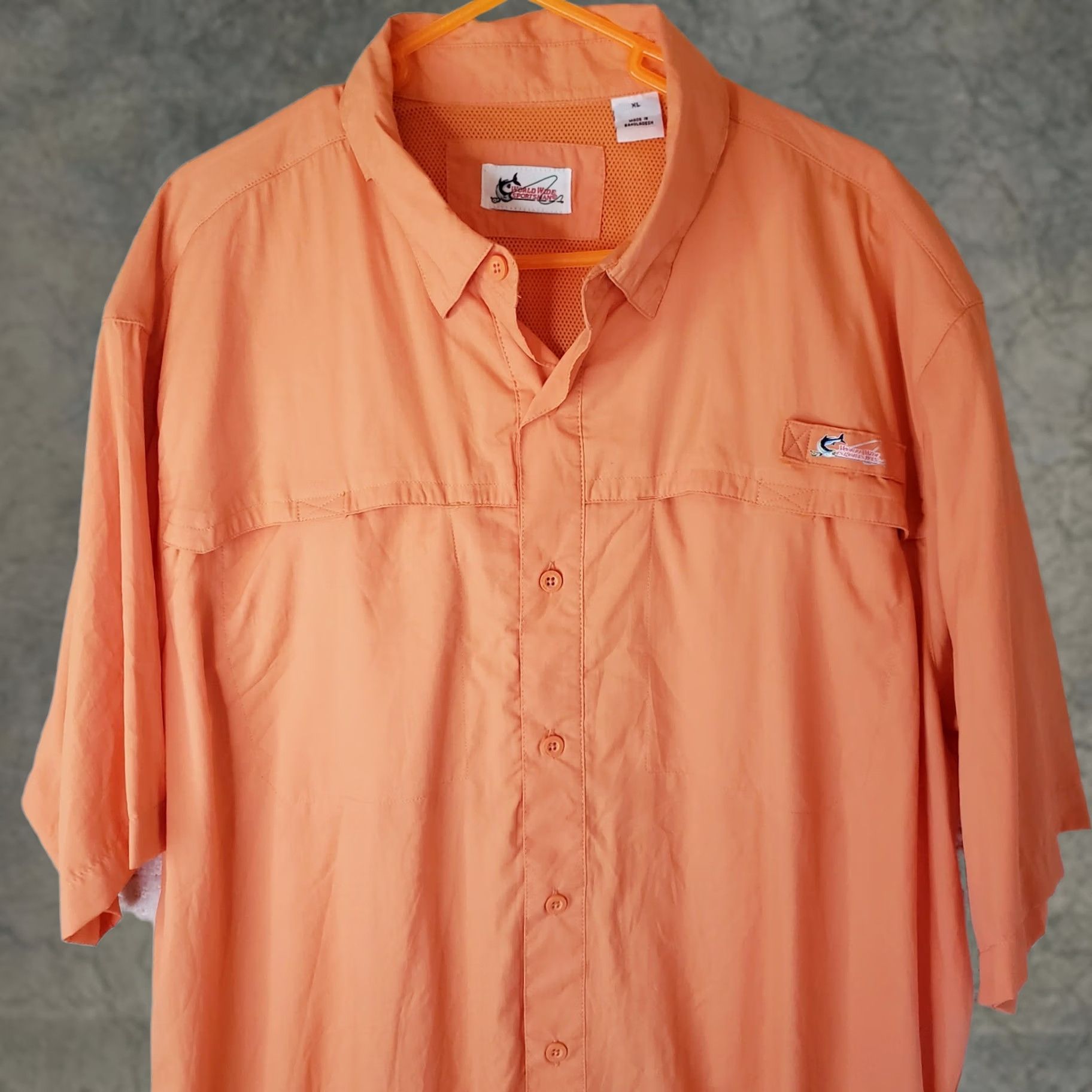 Vintage World Wide Sportsman Shirt Men XL Orange Vented Fishing Button Up Short S Poly Nylon Polyester Pocket Logo Size US XL / EU 56 / 4 - 1 Thumbnail