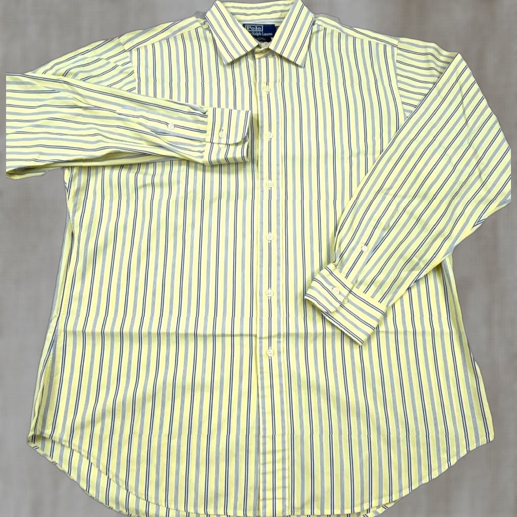 Polo Ralph Lauren VINTAGE Polo Ralph Lauren Shirt Men Large Yellow Blue Button Up Striped Dress 16.5 34 Size 46R - 1 Thumbnail