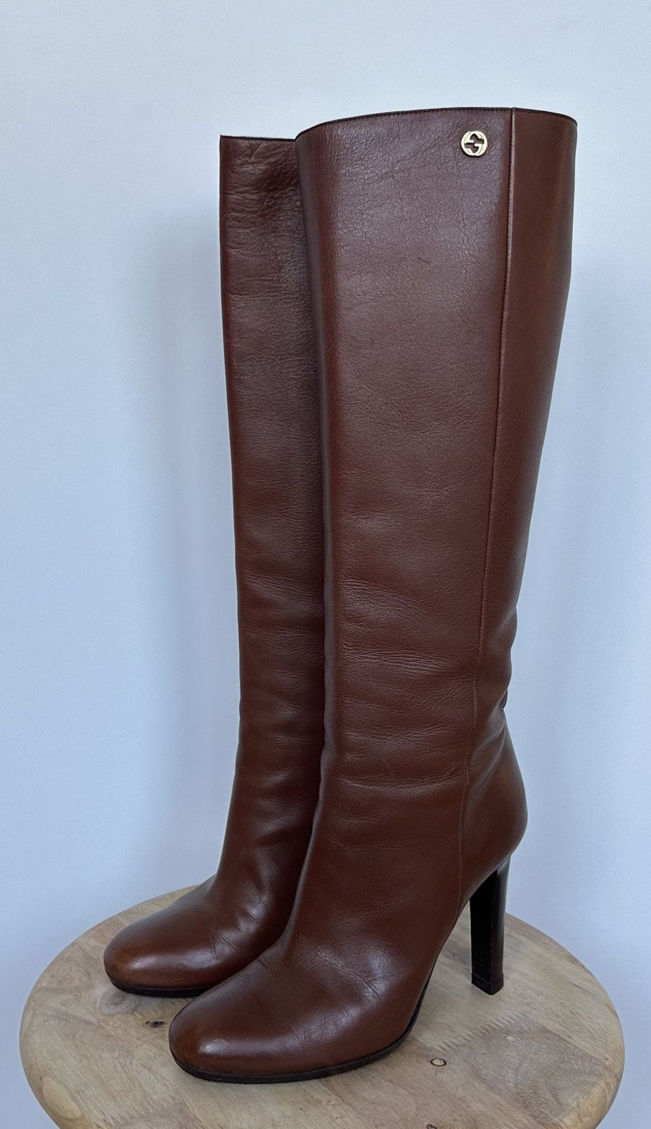 Gucci Gucci Brown Leather Knee High Heeled Boots Metal Logo GG Size US 7 / IT 37 - 1 Thumbnail