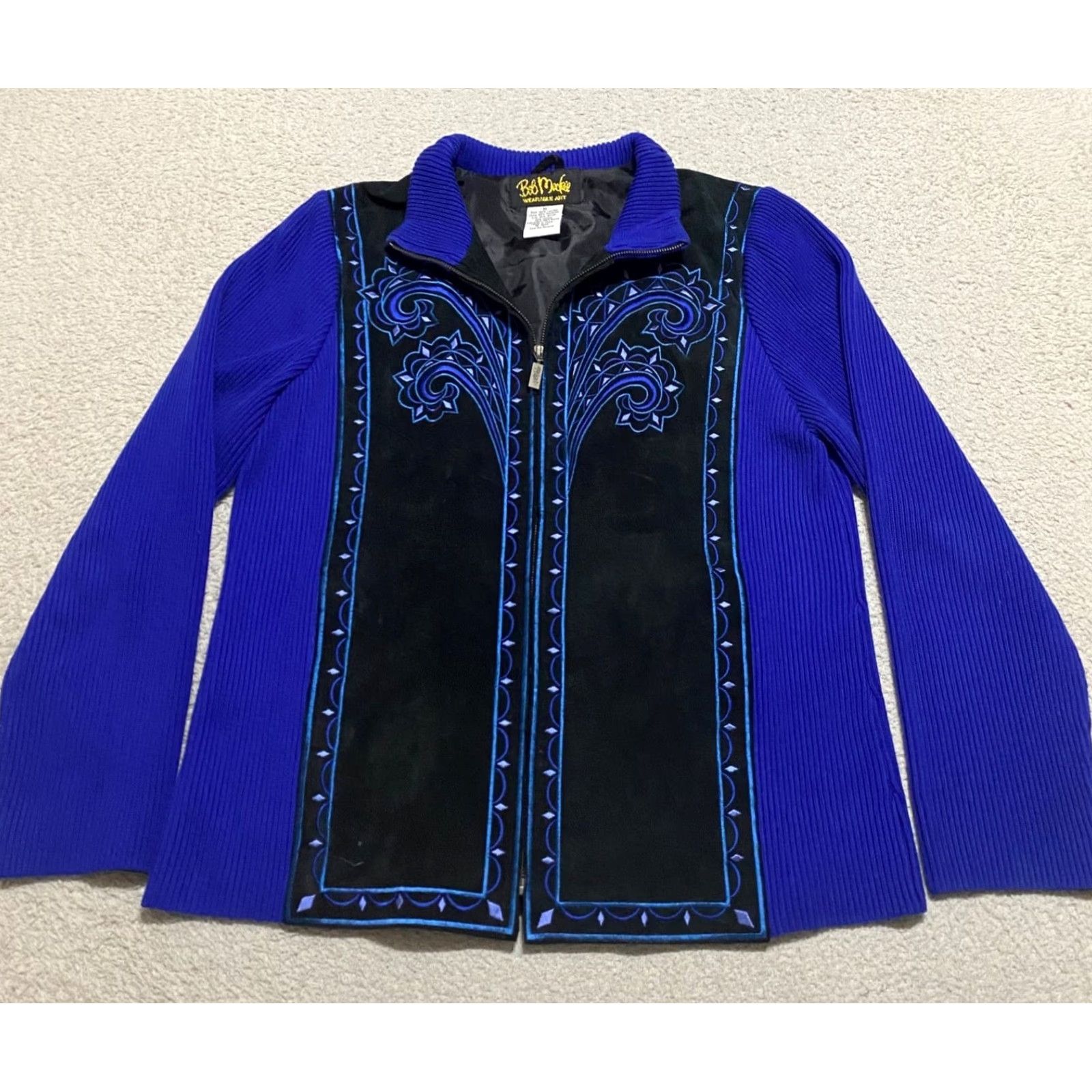 Bob Mackie VINTAGE Bob Mackie Jacket Womens Mid-Length Leather Blue Suede Full Zip Lined Embroidered Southwestern Wearable Art Size M Womens Br Size M / US 6-8 / IT 42-44 - 2 Thumbnail