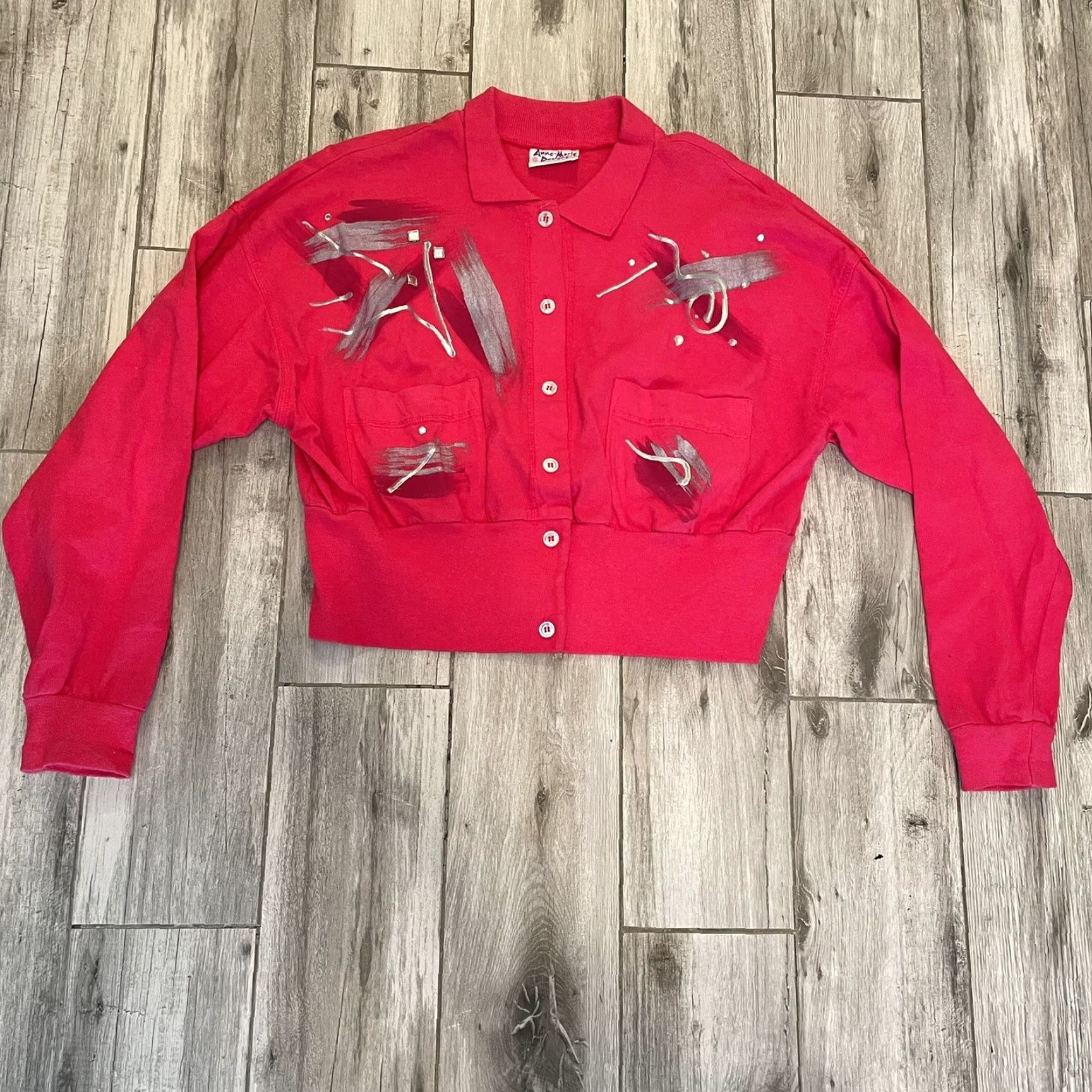 Vintage VINTAGE Anne-Marie Designs 80s Punk Art Pink Crop Cardigan Sweater Pockets Long Sleeve Button Women M Size M / US 6-8 / IT 42-44 - 2 Thumbnail