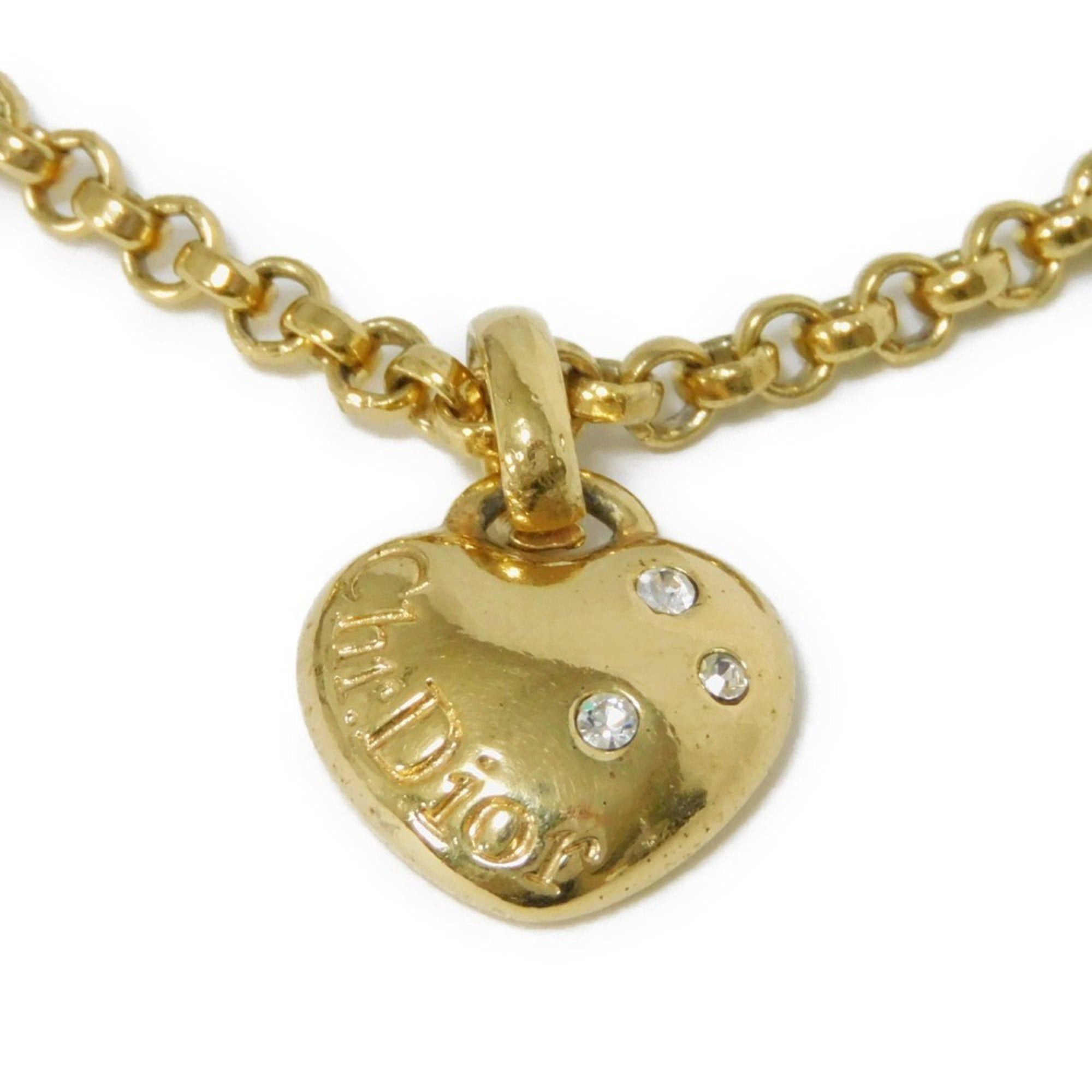 image of Christian Dior Dior Necklace Heart Crystal Pendant Top Embossed Azuki Chain Gp Cd Clear Women's in 