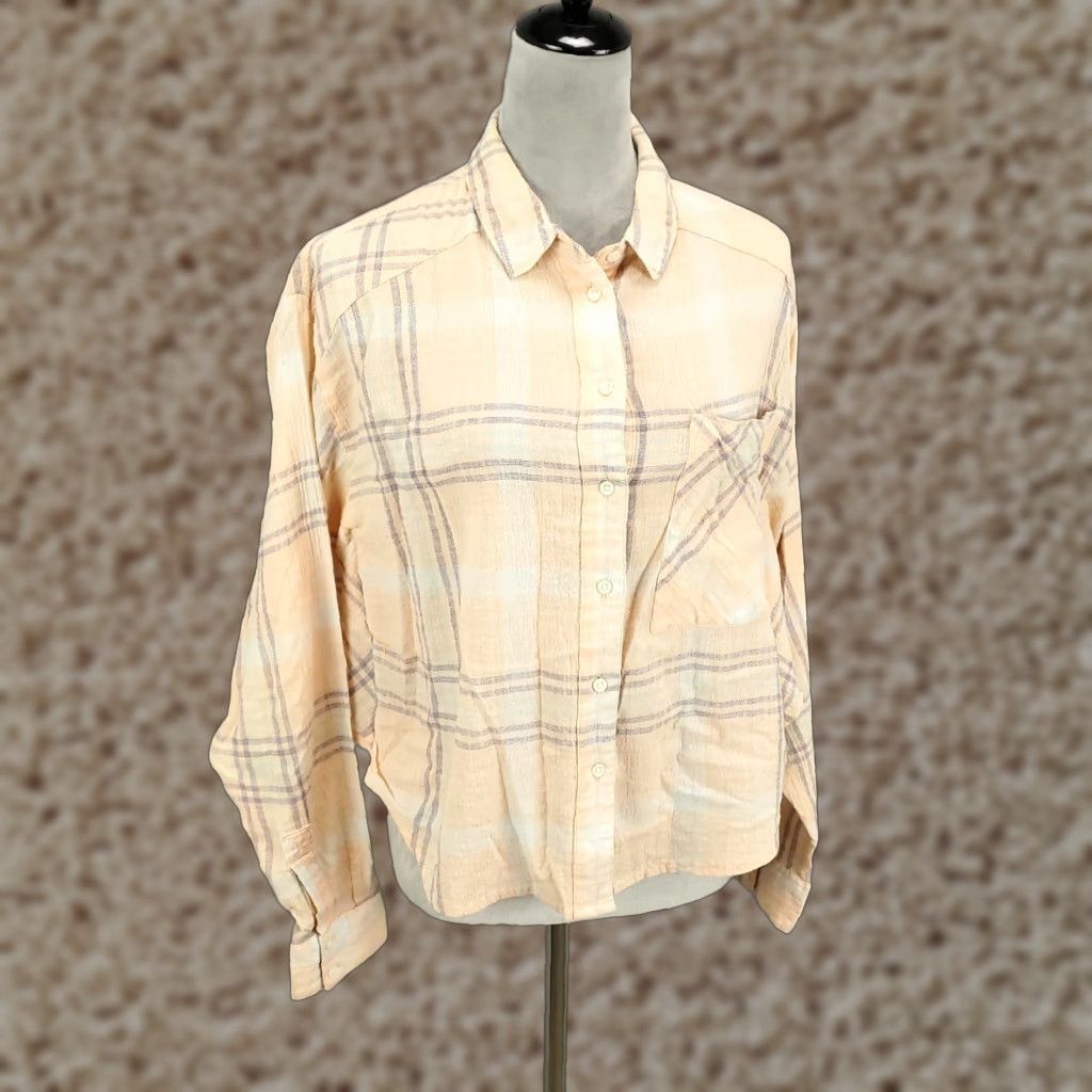 Free People Free People Blouse Shirt Oversized Dolman Batwing Peach Plaid Gauzy Boho Button Up Multicolor Long Sleeve Collared 100% Cotton Casual Womens M Size M / US 6-8 / IT 42-44 - 1 Thumbnail