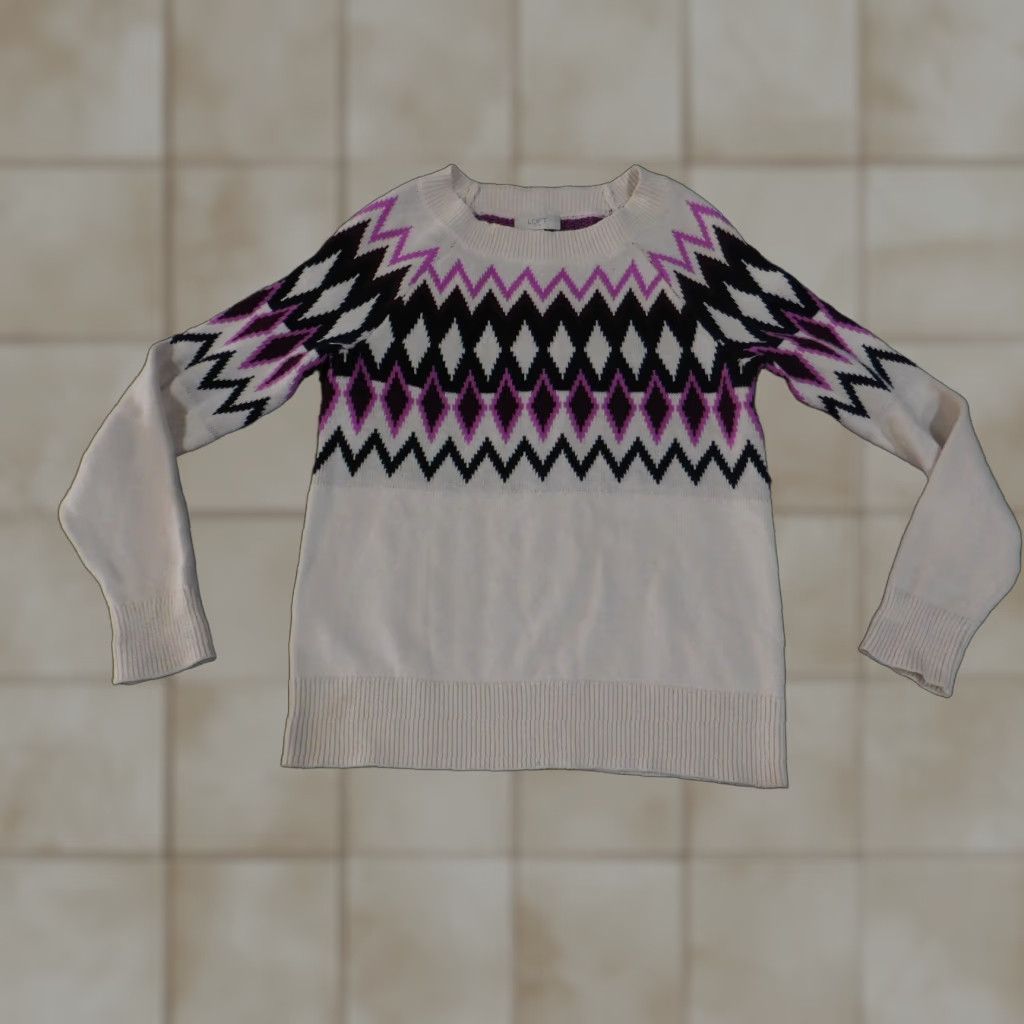 Loft LOFT Sweater Womens XS Cream Purple Black Geometric Knit Pullover Brushed Knit Crew Neck Pullover Casual Regular Size XS Womens Size XS / US 0-2 / IT 36-38 - 1 Thumbnail