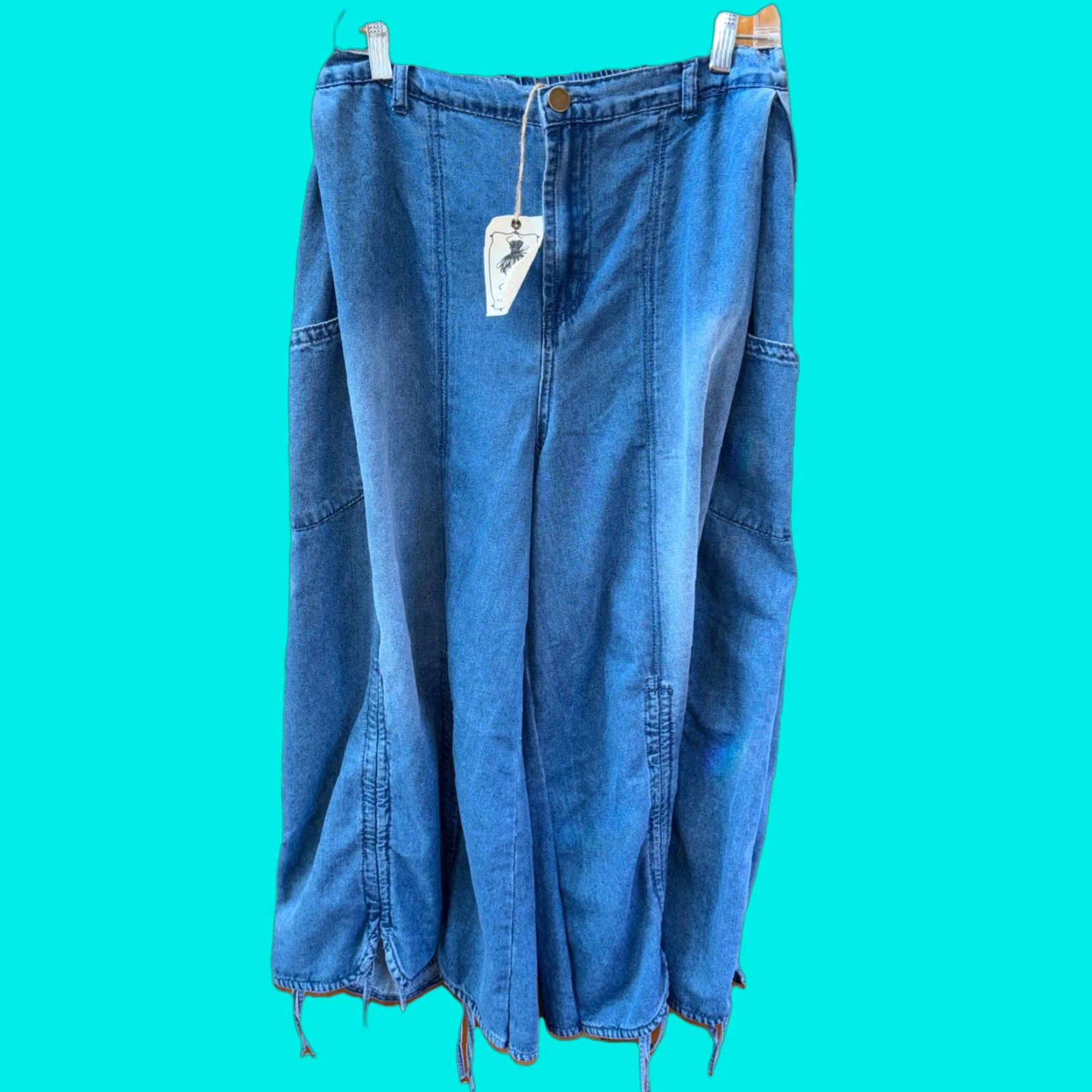 Denime EASEL Jeans Blue Denim Wide Leg Palazzo Zip Pockets Ruched Adjust Hem New M Size 32" / US 10 / IT 46 - 1 Thumbnail