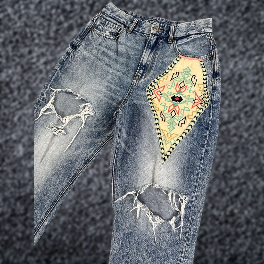 American Eagle Outfitters VINTAGE American Eagle Outfitters Jeans Womens 4 Blue High Rise Distressed Lace Mom Embroidered Pockets Bohemian 90s Womens Size 27" / US 4 / IT 40 - 1 Thumbnail