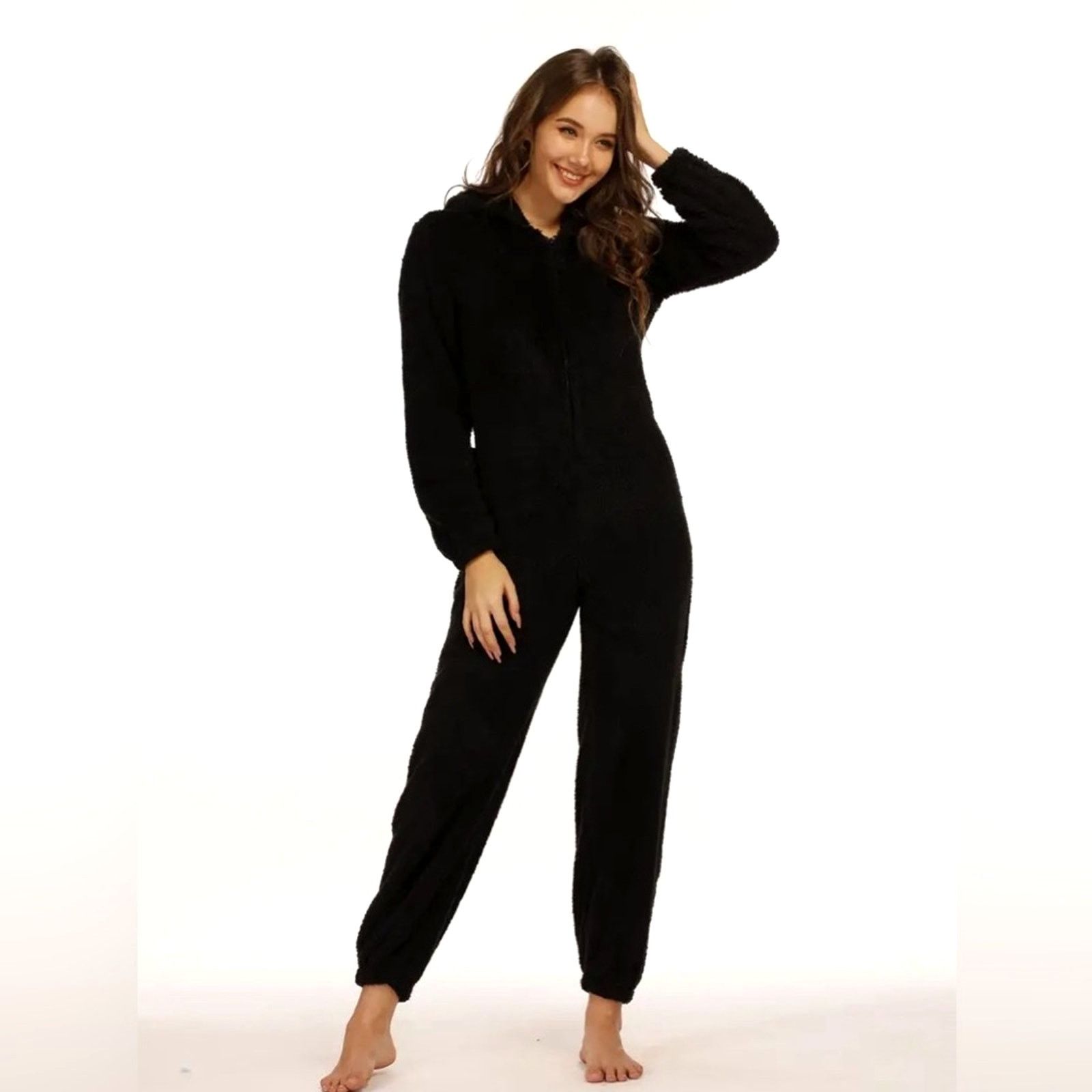 Other Zip Up Hooded Teddy Jumpsuit with Ears Black - size M Size 29" - 4 Thumbnail