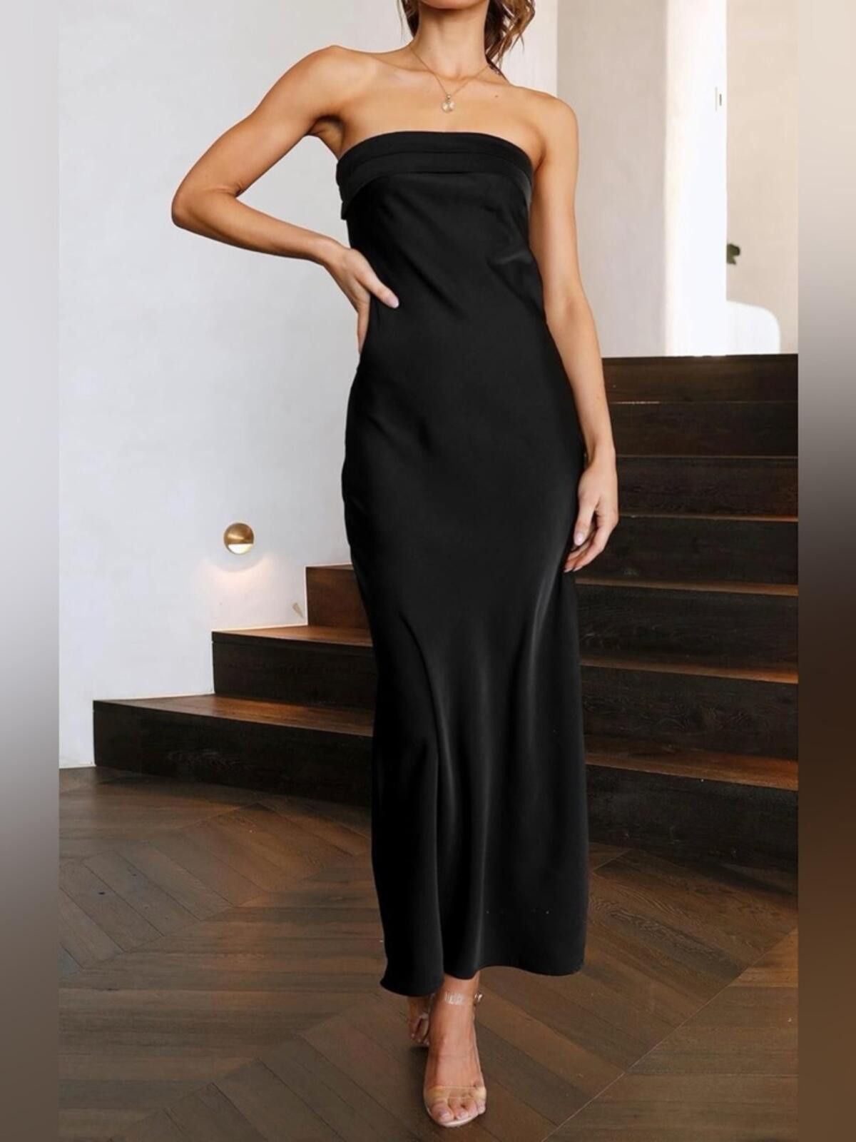 Asos Strapless Satin Maxi Dress / Black Size XS / US 0-2 / IT 36-38 - 6 Thumbnail
