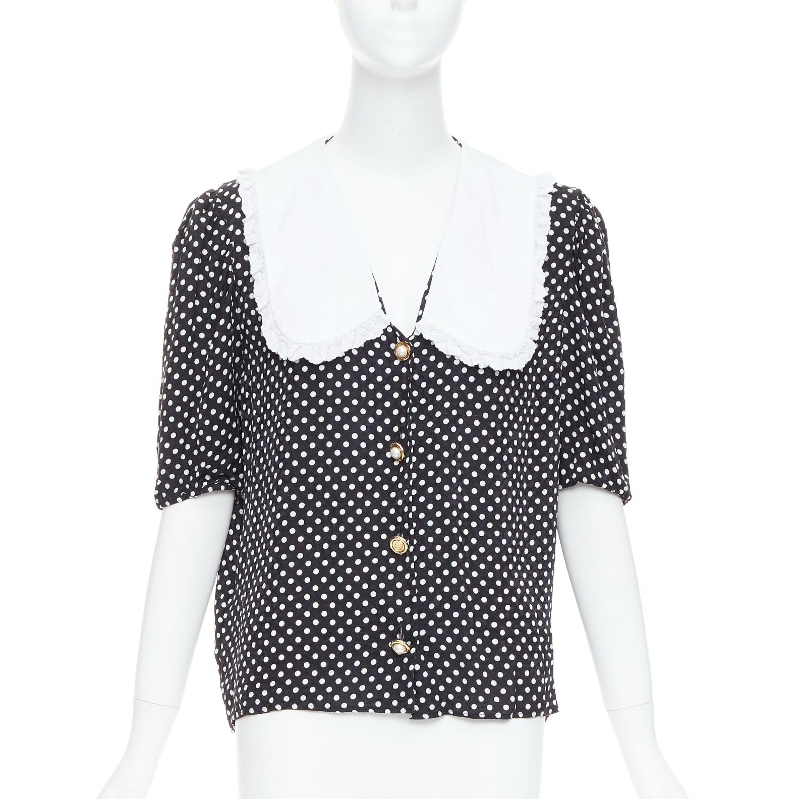 MIU MIU 2021 black white silk cotton trim polka dot vintage blouse IT42 M
