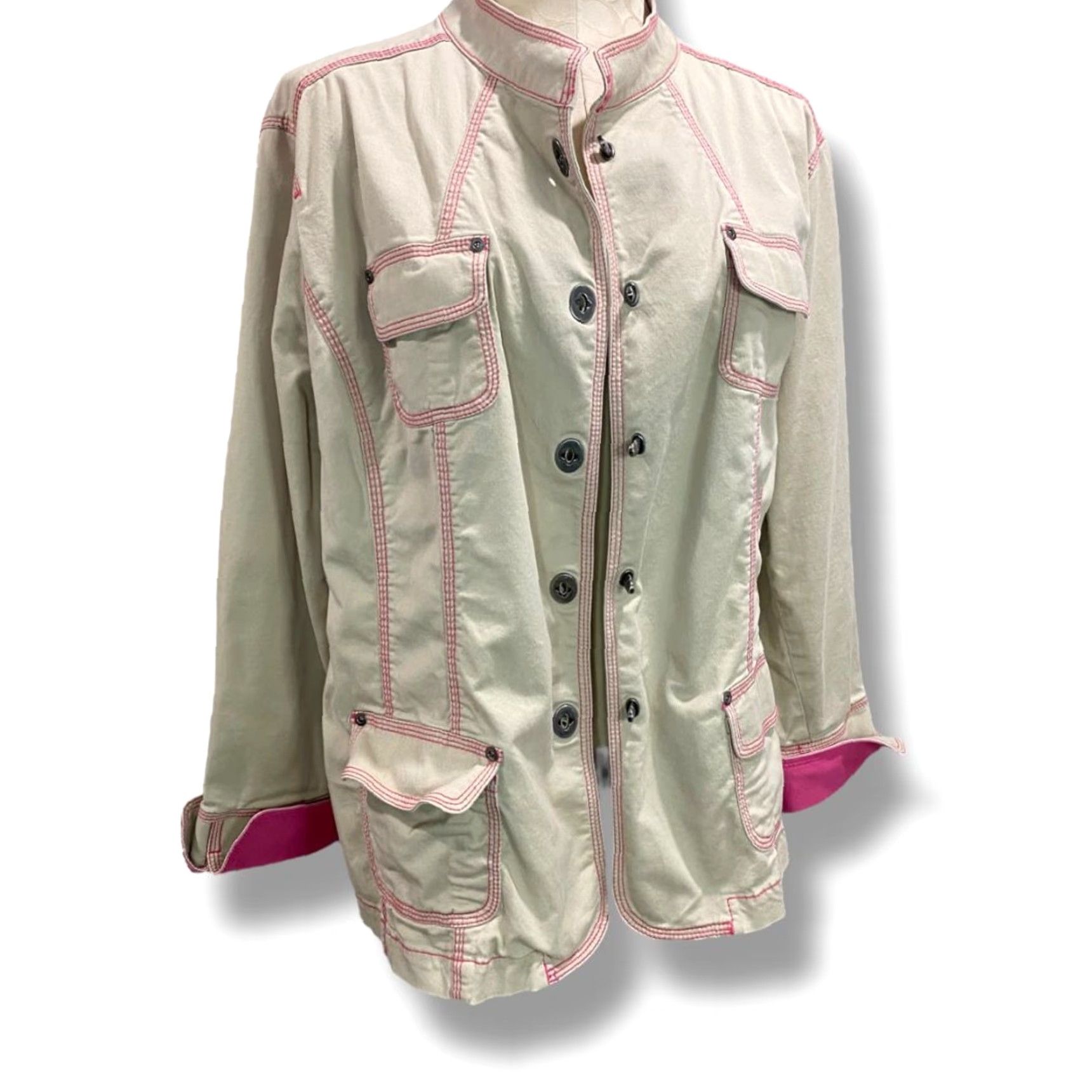 Vintage VINTAGE Additions by Chicos Jacket Womens XL (16/18) Tan Contrast Stitch Cuff Pink Cotton Blend 97% cotton 3% spandex Size XL / US 12-14 / IT 48-50 - 2 Thumbnail