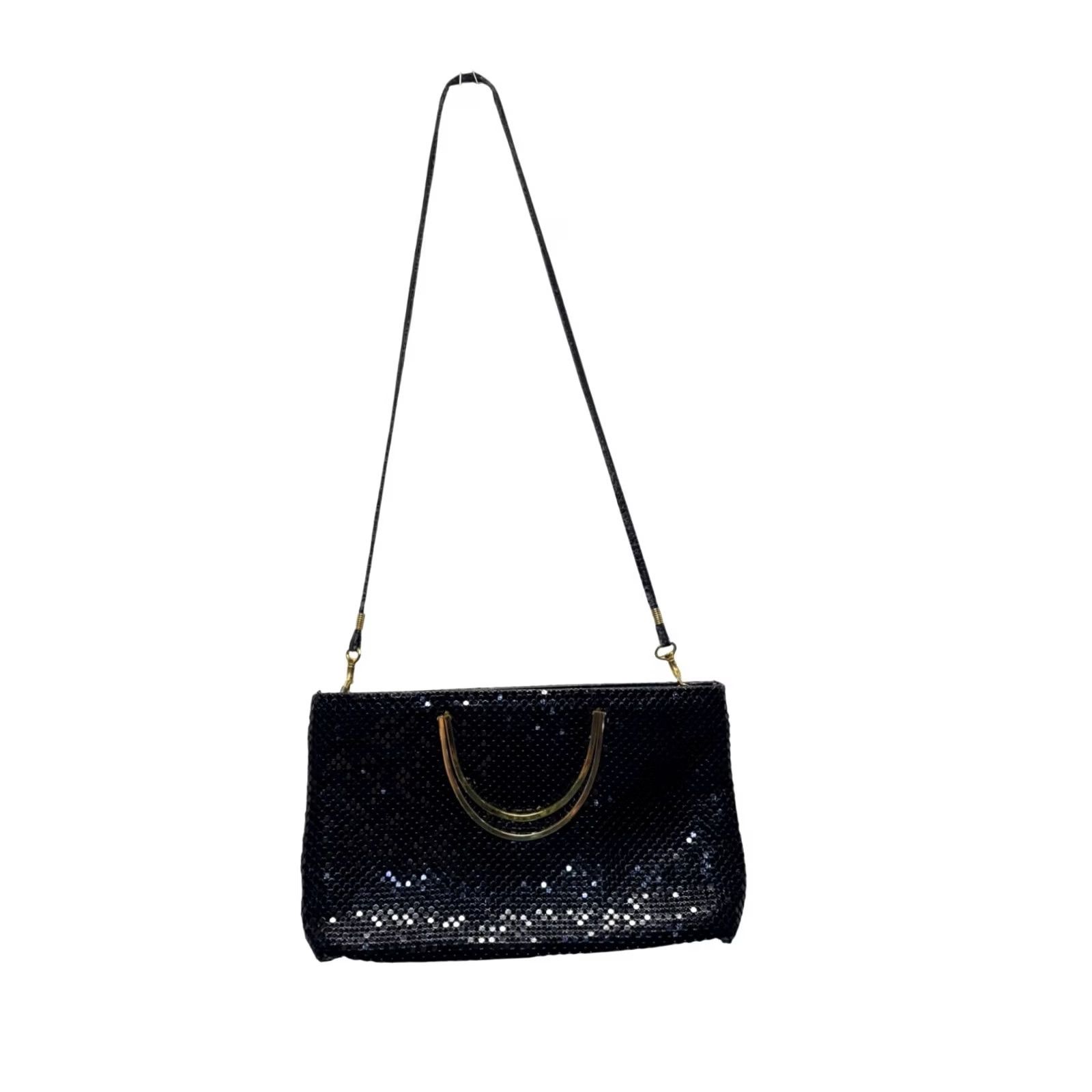 Vintage VINTAGE Black Sequined Evening Bag Crossbody Detachable Strap Gold Accent #9665 Womens Size ONE SIZE - 2 Thumbnail