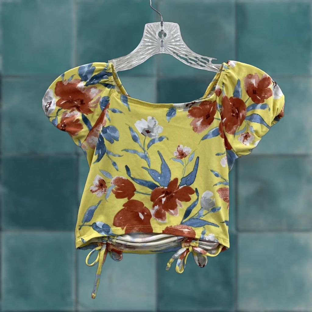 destin VINTAGE 90s Y2K Destiny Crop Top Shirt XS Women Yellow Floral Tropical Hawaiian Cap Sleeve Size XS / US 0-2 / IT 36-38 - 1 Thumbnail
