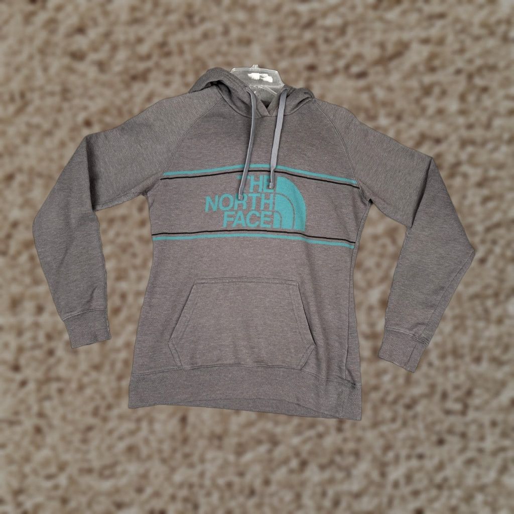 The North Face The North Face Hoodie Womens Small Gray Teal Logo Pullover Fleece Sweatshirt Size S / US 4 / IT 40 - 1 Thumbnail