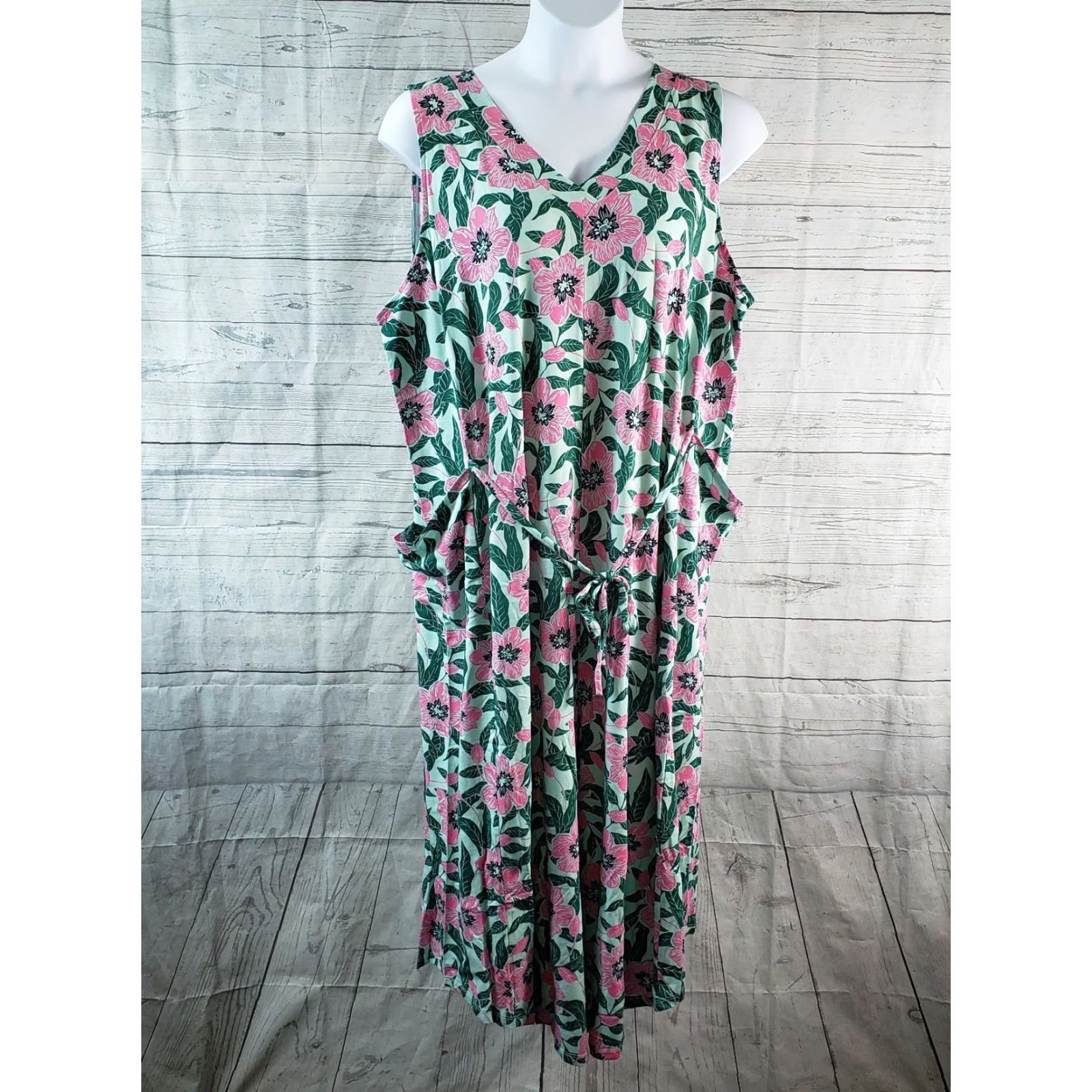 Vintage AnyBody Womens Cozy Knit Luxe V-Neck Gaucho Jumpsuit Sz 3XT Tall Green Pink Size 40" / US 18 - 2 Thumbnail