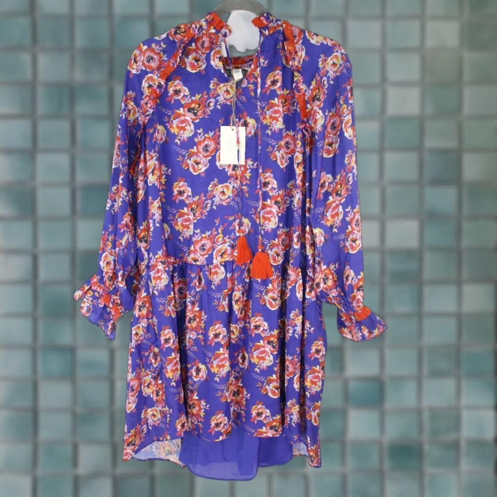 Vintage Ella Moon Blue Midi Dress Womens Floral Tie Neck Peplum Hem A-Line Flutter Sleeve Size L NWT Size L / US 10 / IT 46 - 1 Thumbnail