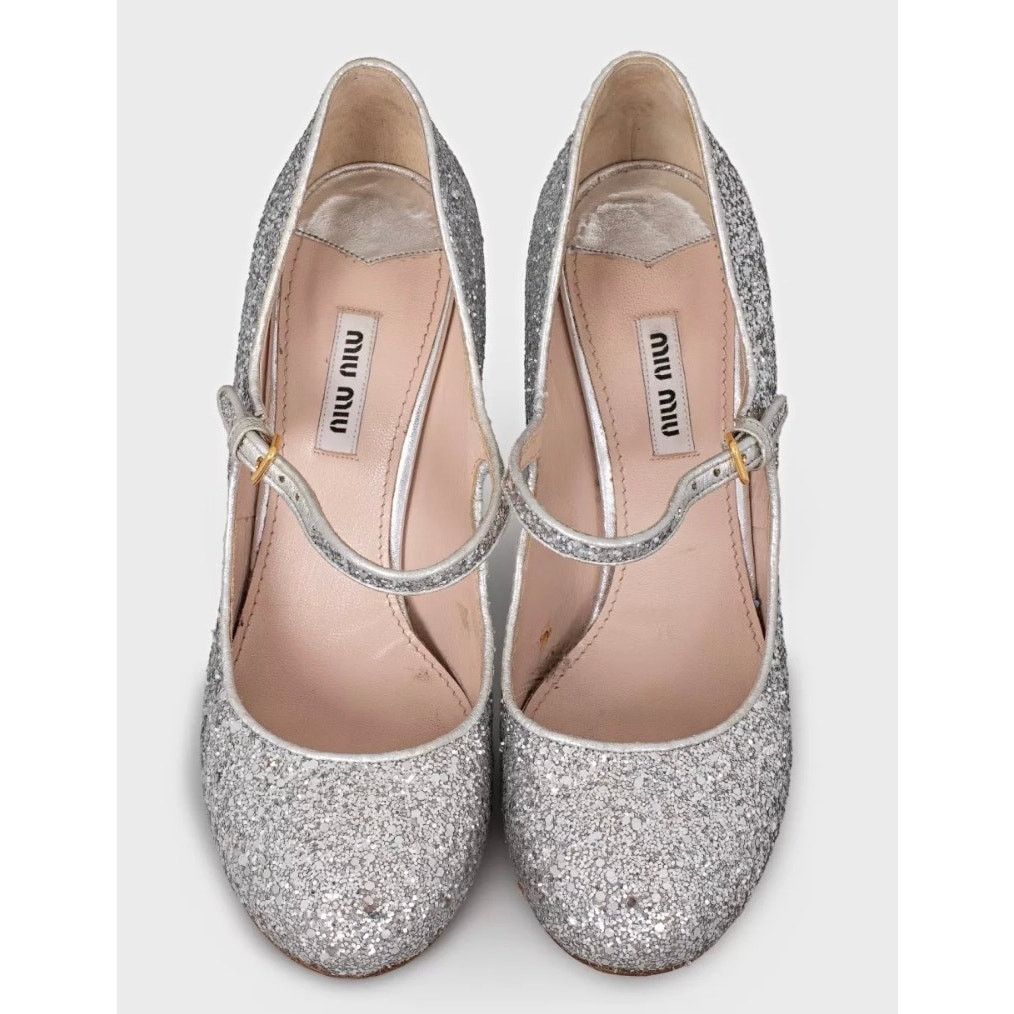 Miu Miu Miu Miu Silver Glitter Block Heel Shoes - Size 39 Size US 9 / IT 39 - 2 Thumbnail