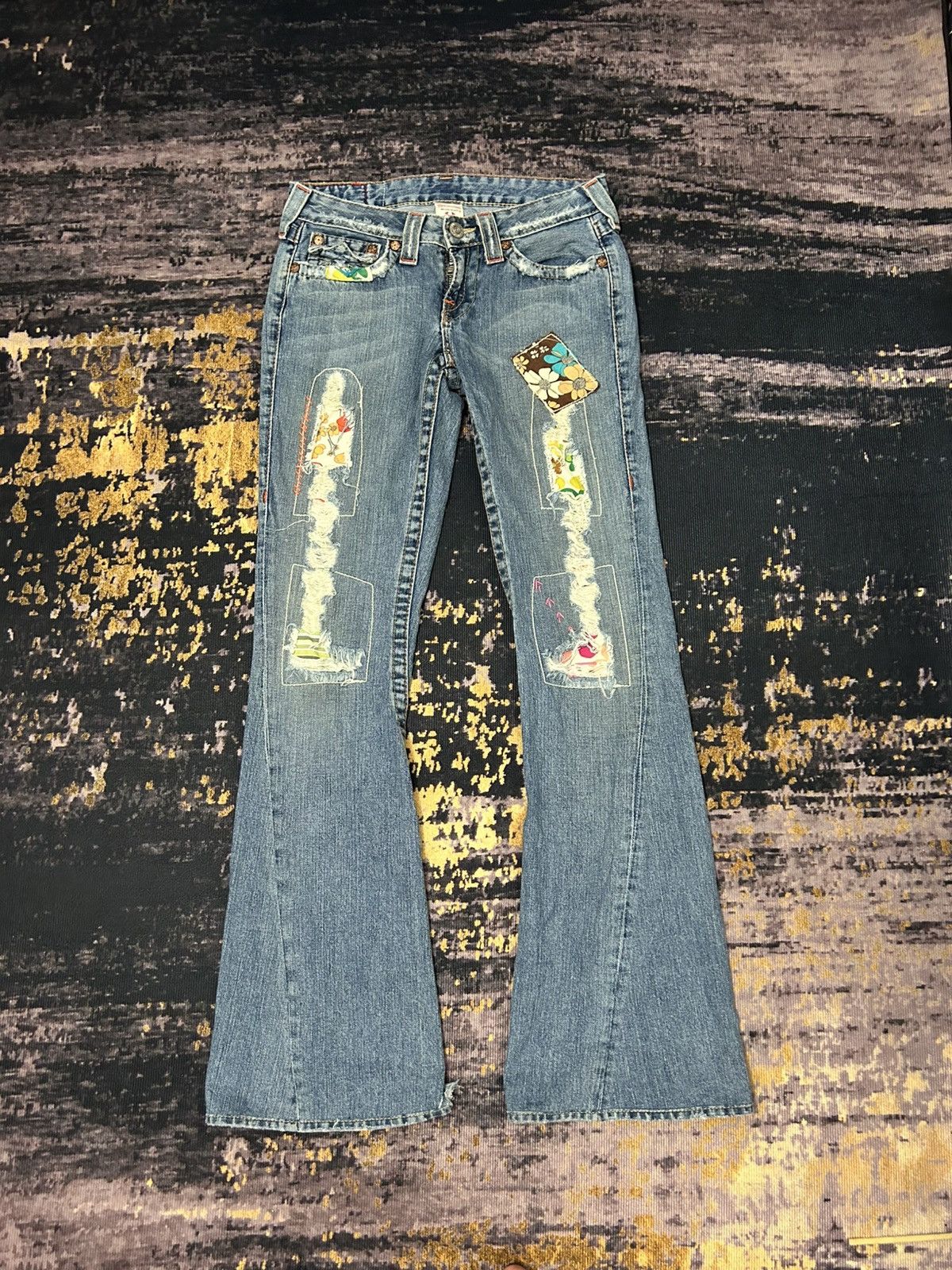 True Religion Patch work Spiral Flare Jeans