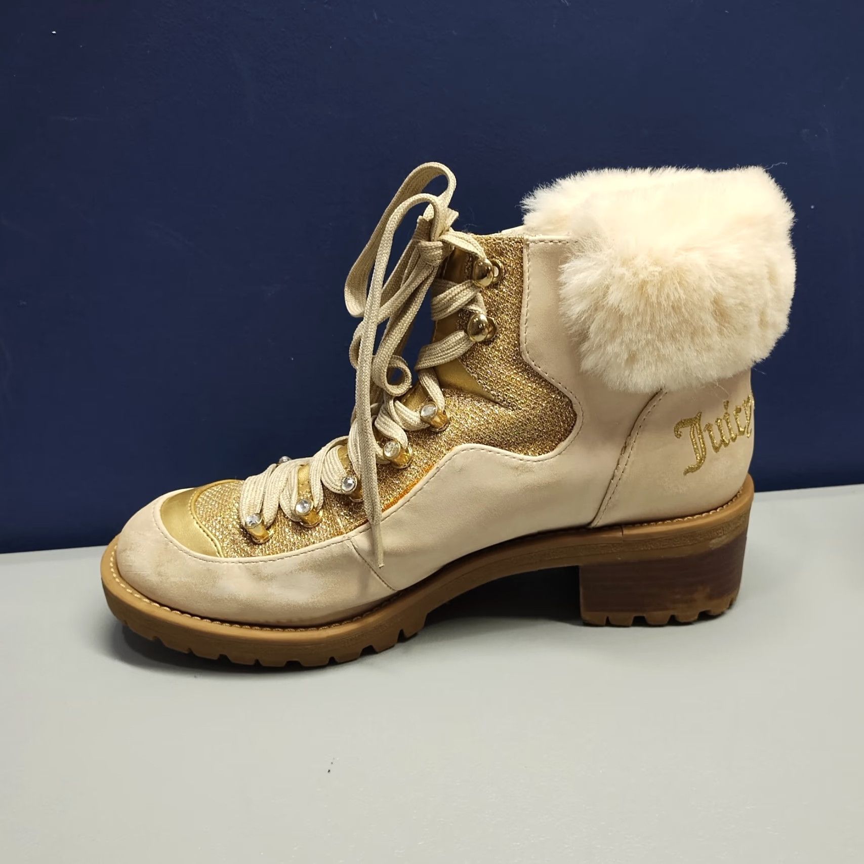Juicy Couture Juicy Couture Heeled Boots Women's Size 8M Gold Sude Leather Faux Fur Lace-up Bootie Size US 8 / IT 38 - 5 Thumbnail