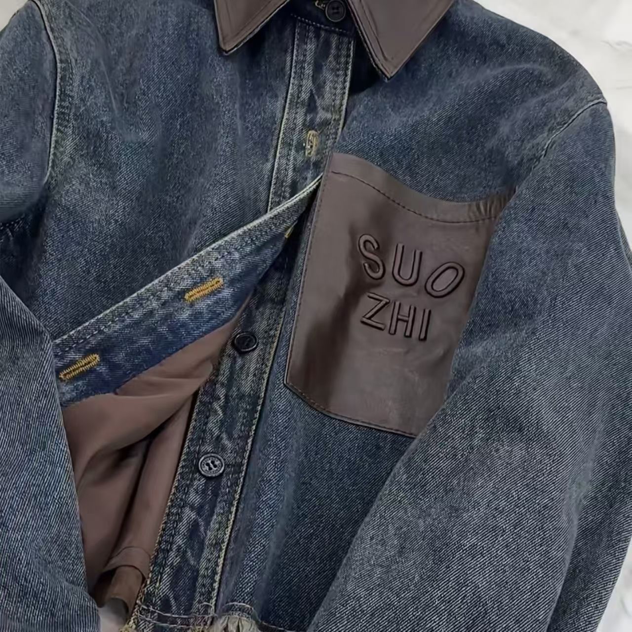 Vintage New Washed Denim & Faux Leather Shirt Jacket Size US L / EU 52-54 / 3 - 2 Thumbnail