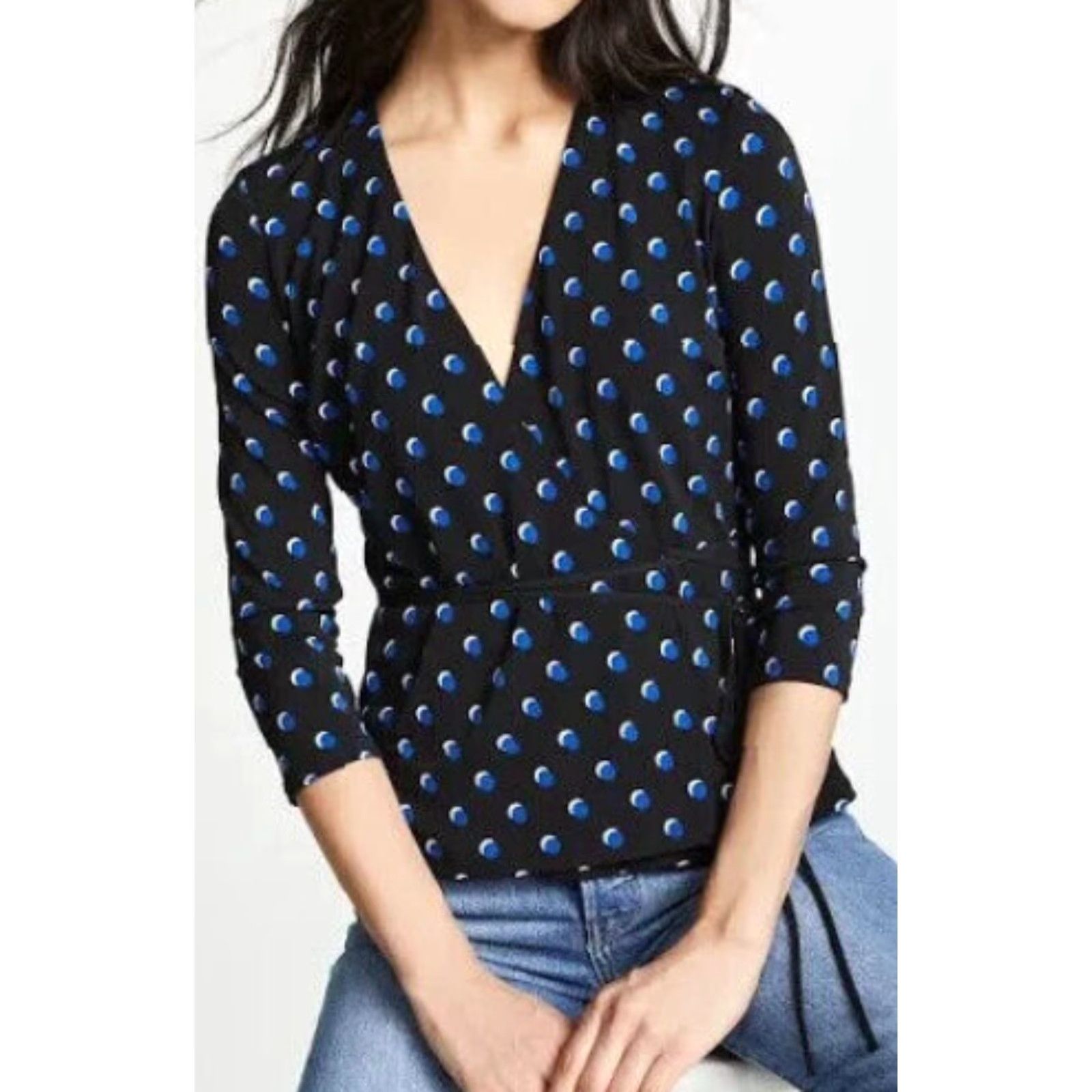 Bailey 44 Bailey 44 Blouse Wrap Top 3/4 Sleeve Wrapture Dot NWT Womens Sz M Black Blue Polka Dot V-Neck Designer Made in USA Size M / US 6-8 / IT 42-44 - 2 Thumbnail