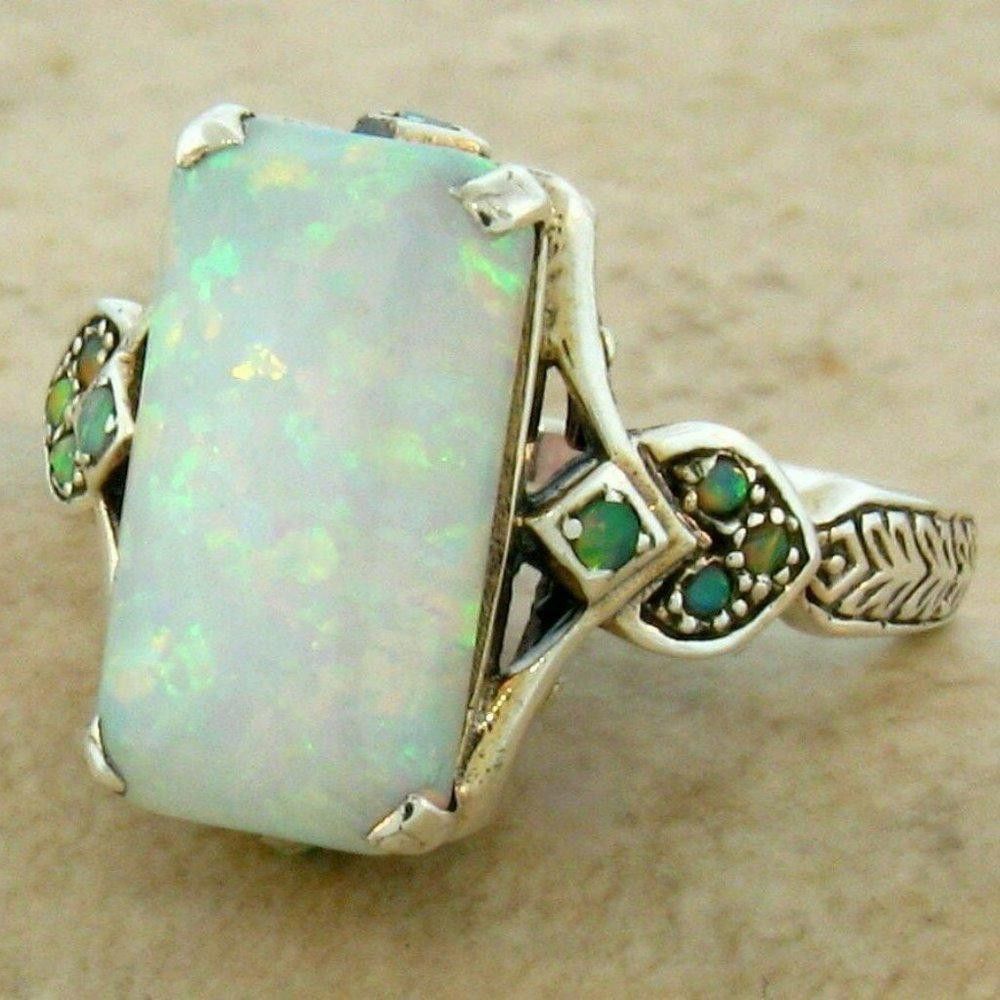 Designer Victorian Style Square White Fire Opal Silver Ring - Size 7 Size ONE SIZE - 1 Thumbnail