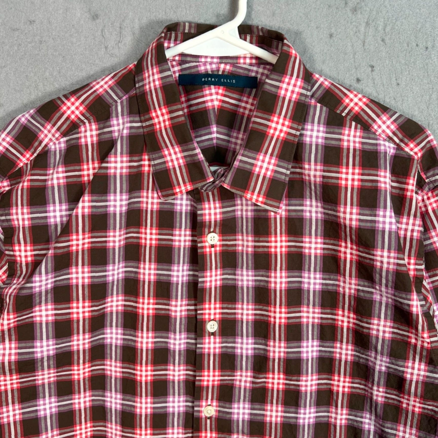 Perry Ellis Perry Ellis Mens Button-Up Shirt Long Sleeve Plaid Cotton Multicolor Large Brown Pink Red Modern Casual Business Shirt Mens L Size US L / EU 52-54 / 3 - 6 Thumbnail