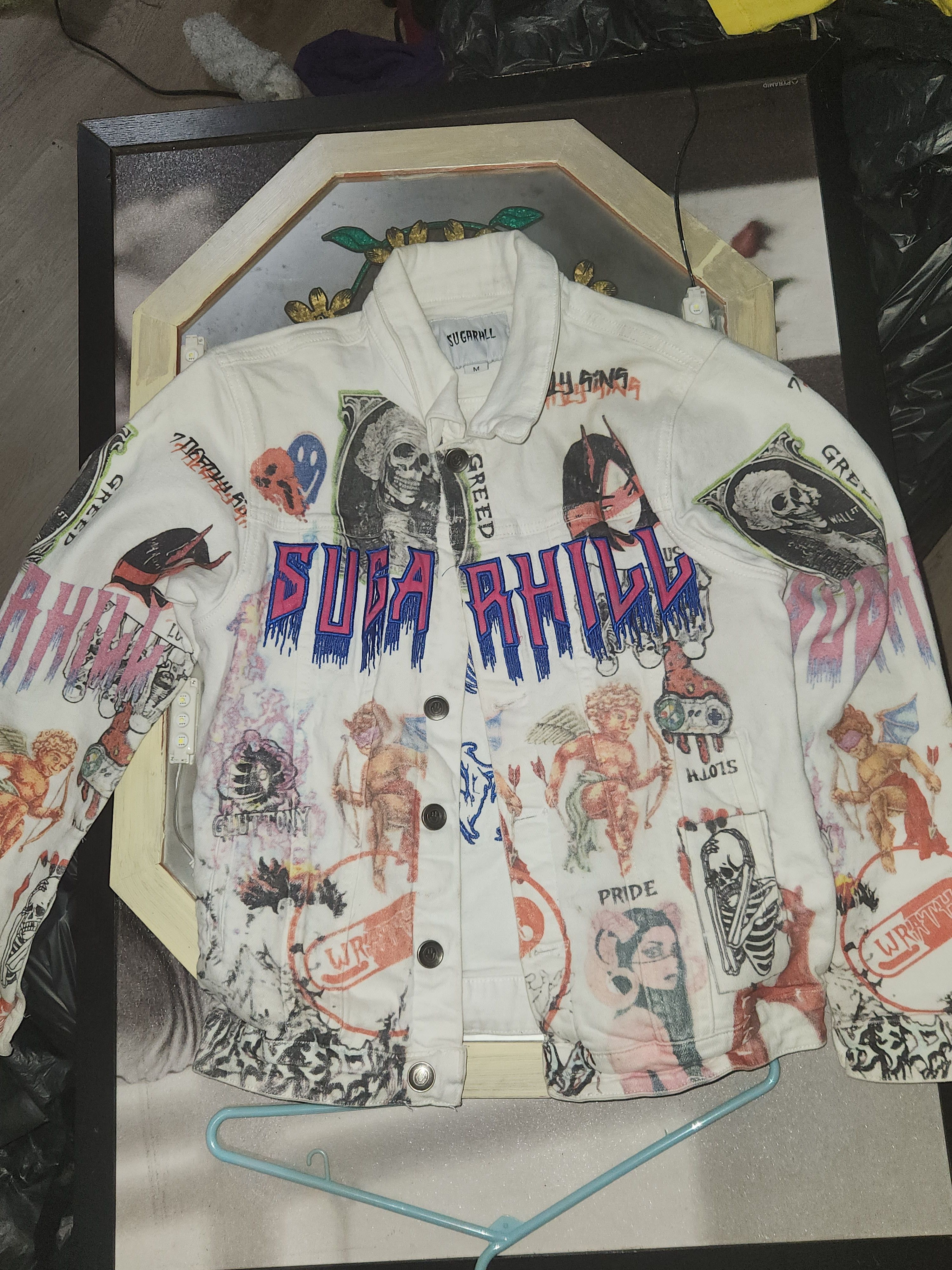 image of Sugarhill 7 Deadly Sins Denim Jacket in White, Men's (Size Medium)