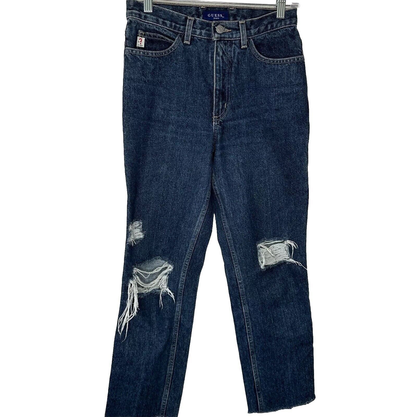 Guess Guess Dark Blue Wash Distressed Slim Leg Raw Hem Denim Jeans Size 28" / US 6 / IT 42 - 1 Thumbnail