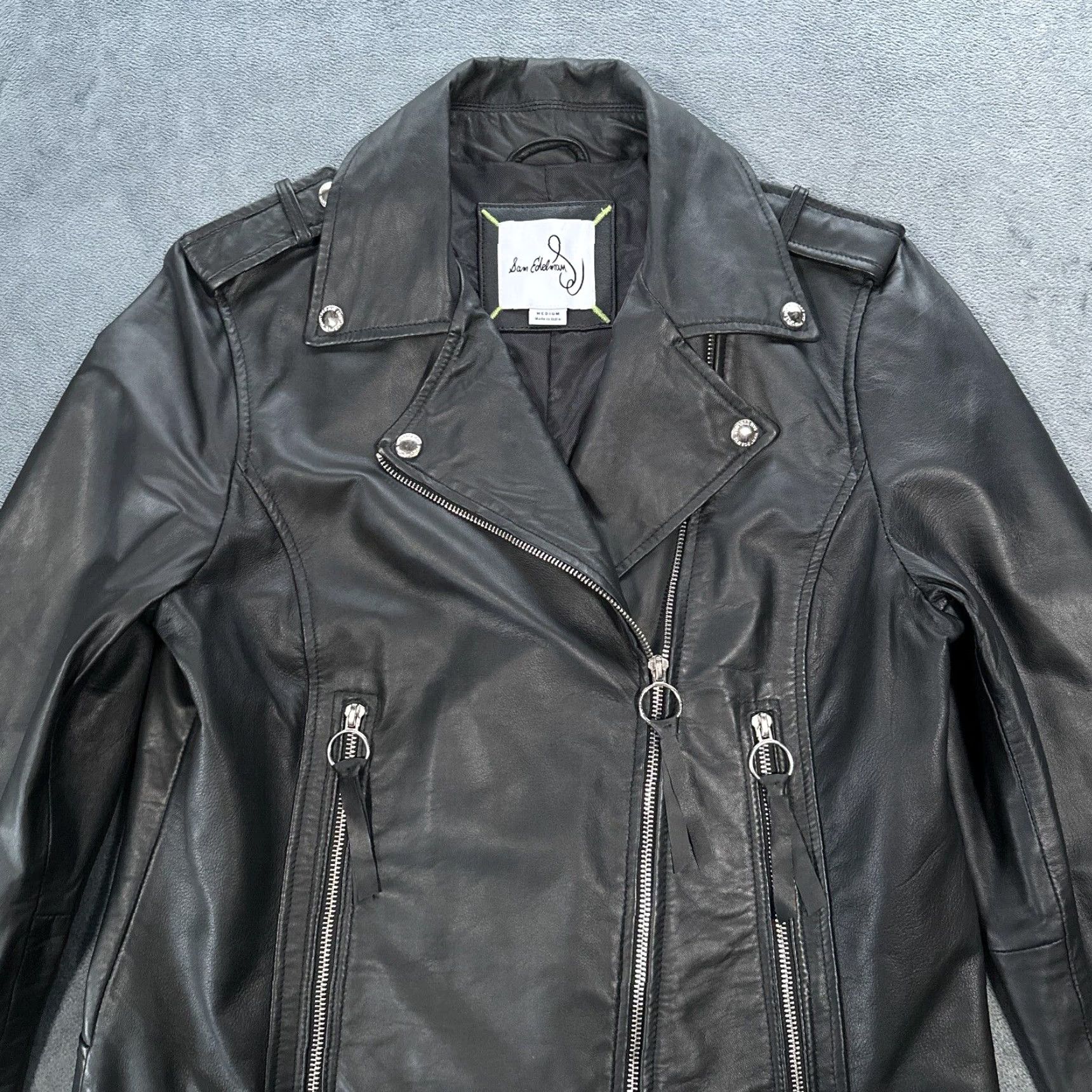 Sam Edelman Womens Black Moto Jacket Medium Faux Leather Asymmetrical Rockabilly Buckle Size M / US 6-8 / IT 42-44 - 6 Thumbnail