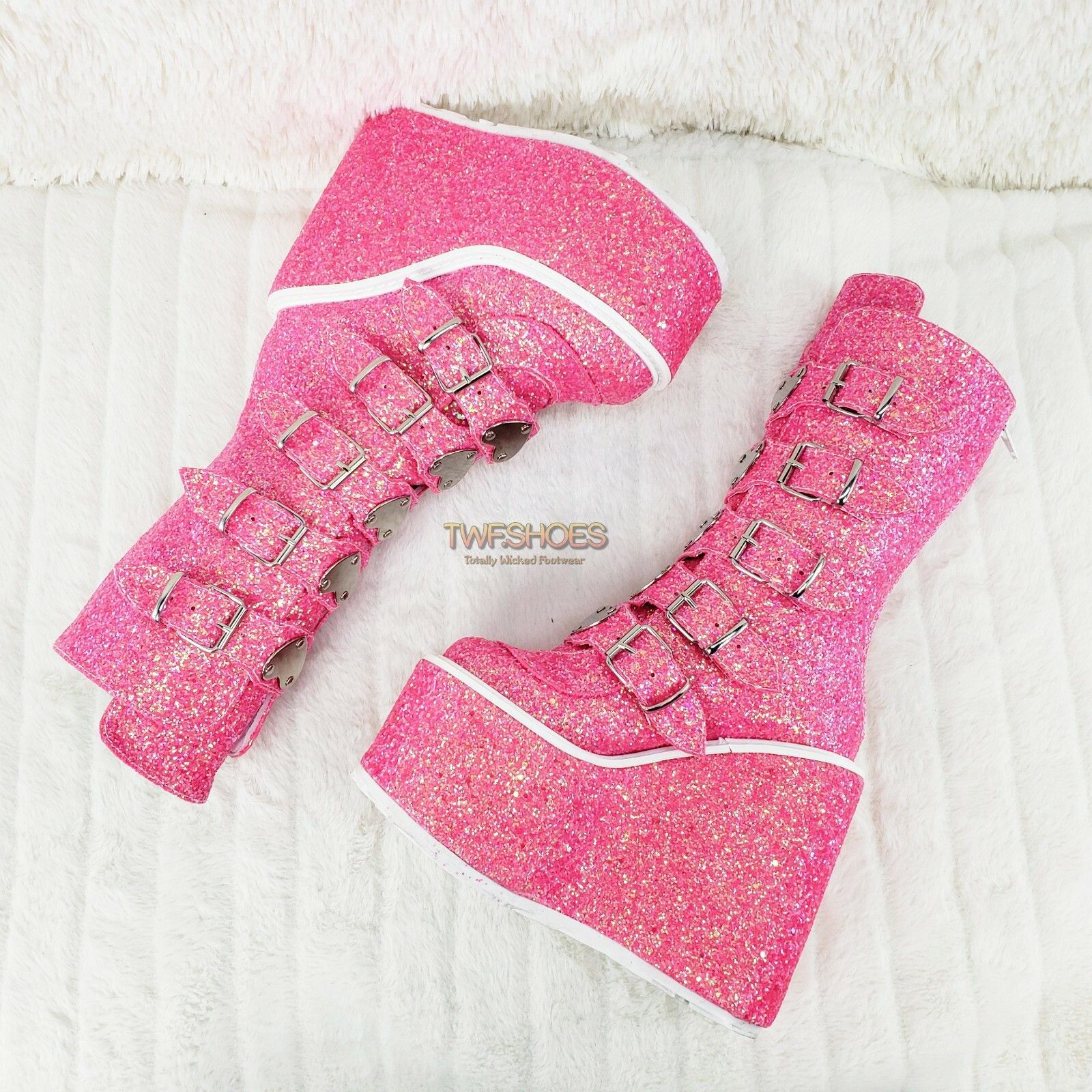 Other Swing 230G Pink Glitter Boot 5.5" Platform Heart Strap Goth Size US 10 / IT 40 - 1 Thumbnail