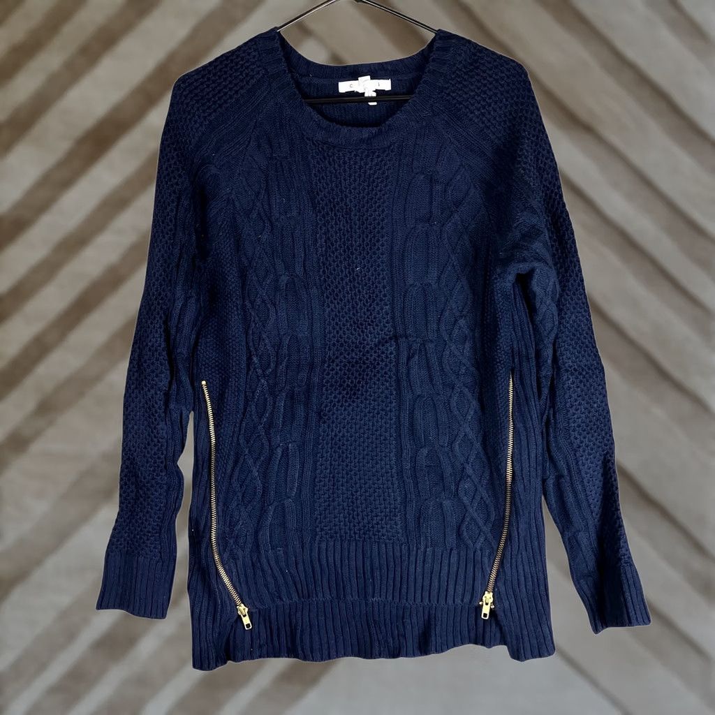 Vintage CAbi Sweater Navy Blue Gold Zippers Cable Knit Pullover Medium Womens Pullover Knit Crew Neck Long Sleeve Casual Workwear ModerM Size M / US 6-8 / IT 42-44 - 1 Thumbnail