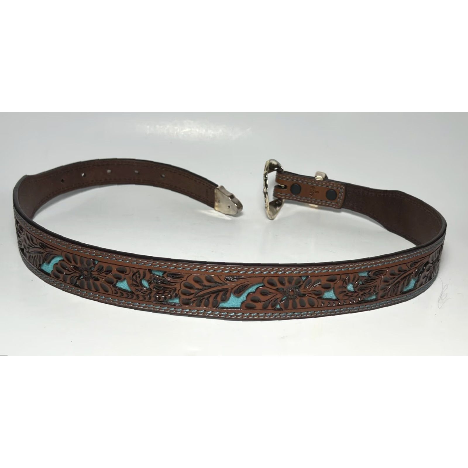 Vintage VINTAGE 3D Tooled Leather Belt Removable Silver Buckle Floral Turquoise Inlay S/M Women's Brown 3D Western Leather Cowgirl Buckle Swap 35.5” Size ONE SIZE - 5 Thumbnail