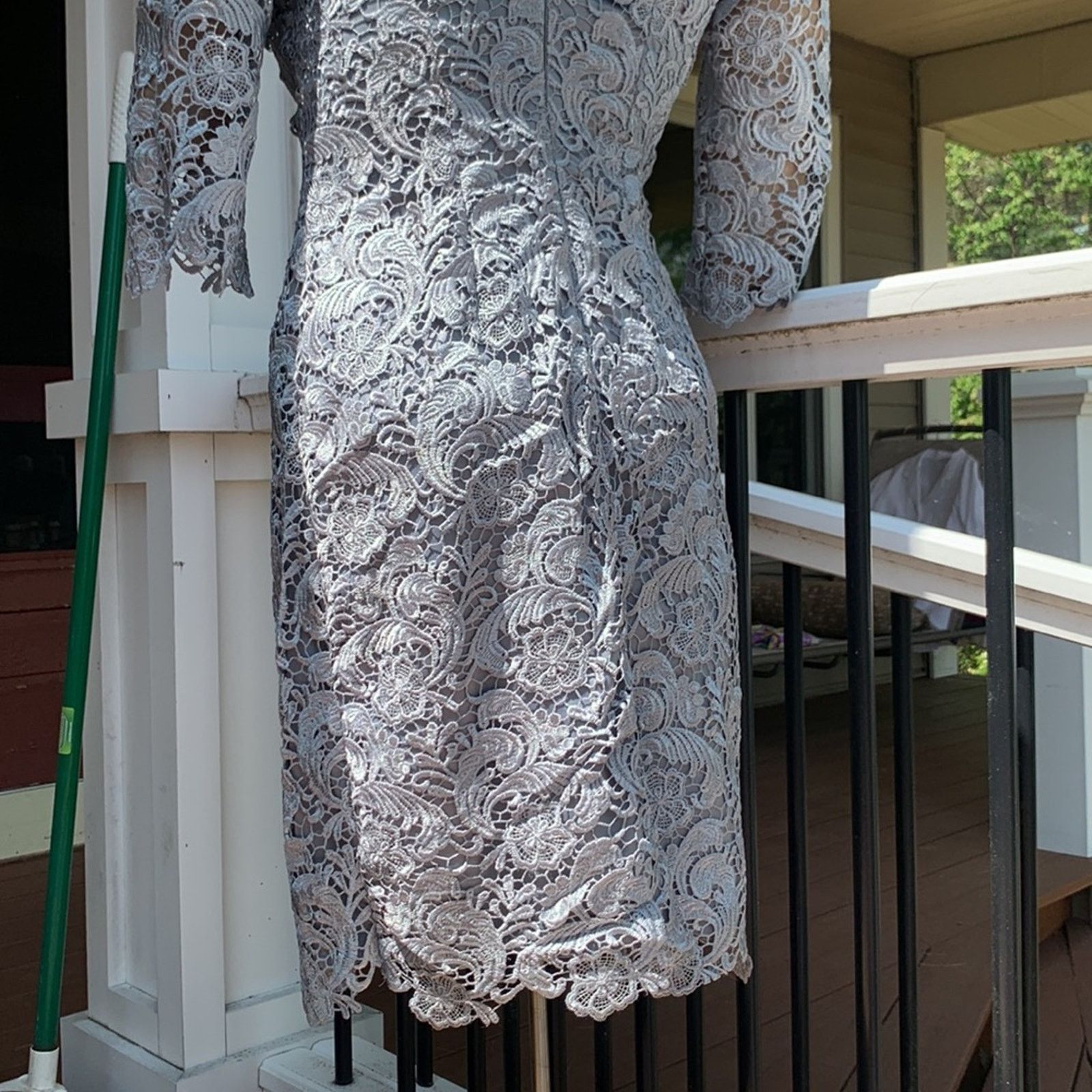 Eliza J. gray silver lace overlay 3/4 sleeves cocktail dress