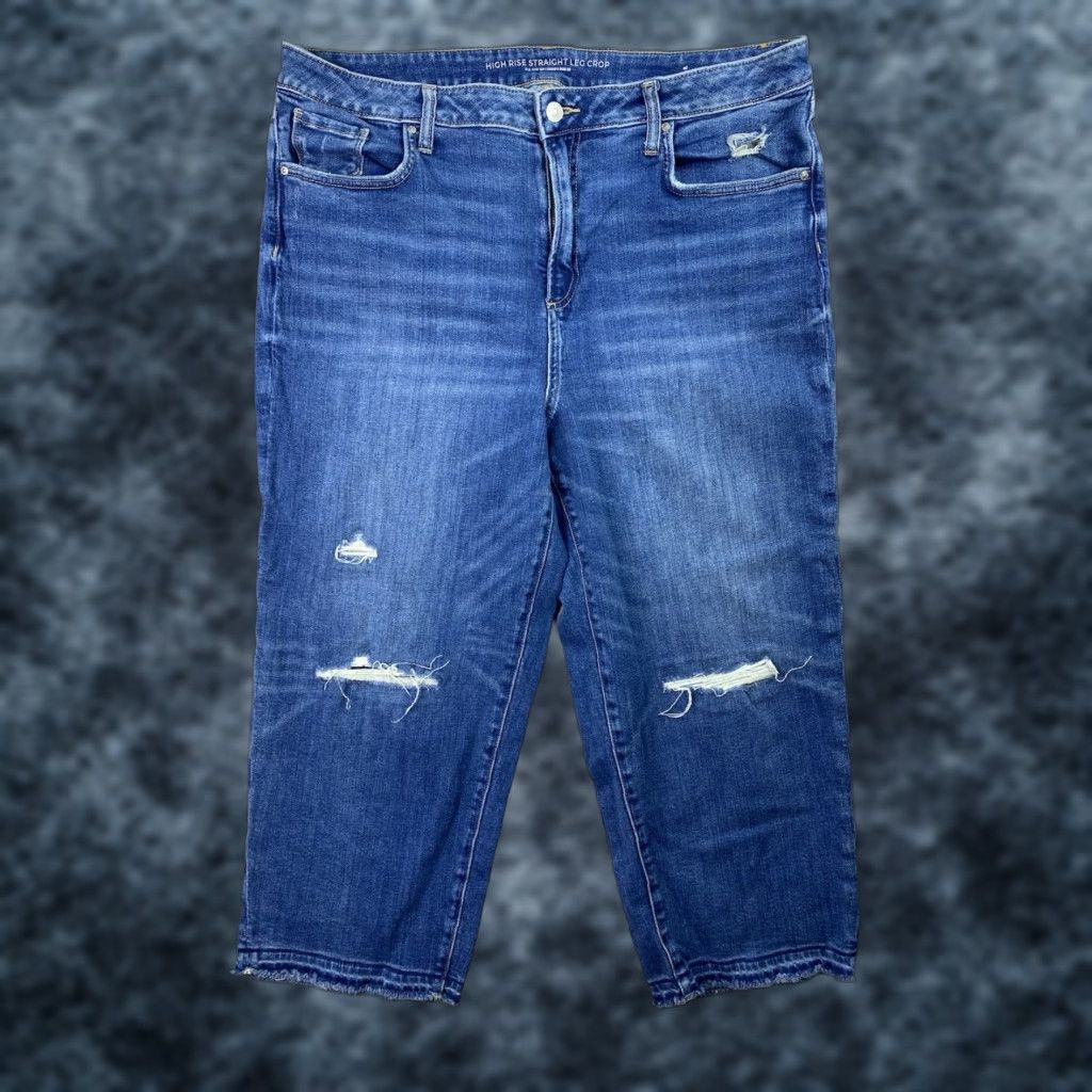Vintage Chicos Jeans Sz 3 16 High Rise Straight Leg Crop Distressed Denim Stretch 5-Pocket Button Zip Size 26" / US 2 / IT 38 - 1 Thumbnail