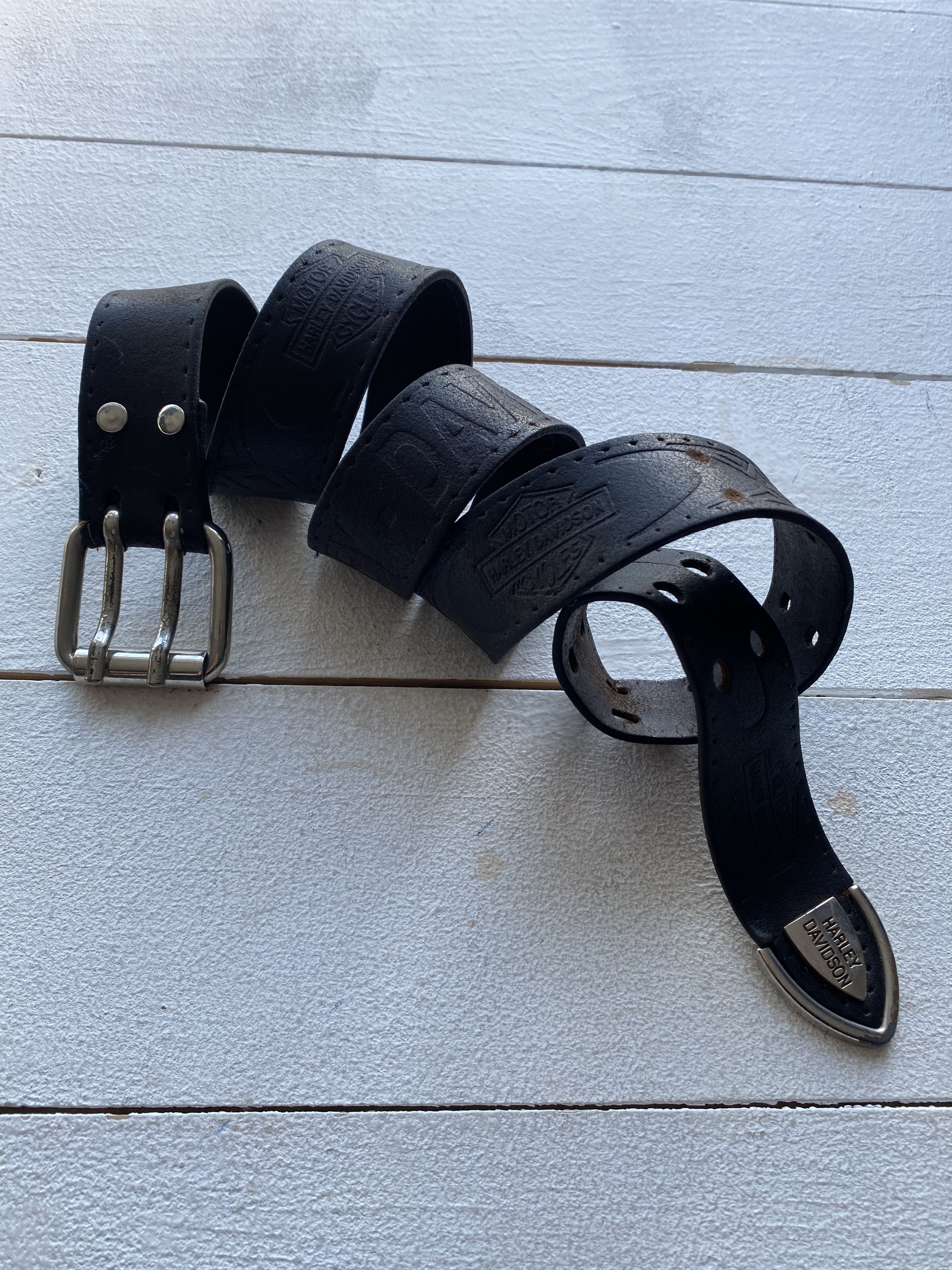 Harley Davidson × Vintage 90s Harley Davidson Black Leather Metal Logo Belt Mens Size ONE SIZE - 3 Thumbnail
