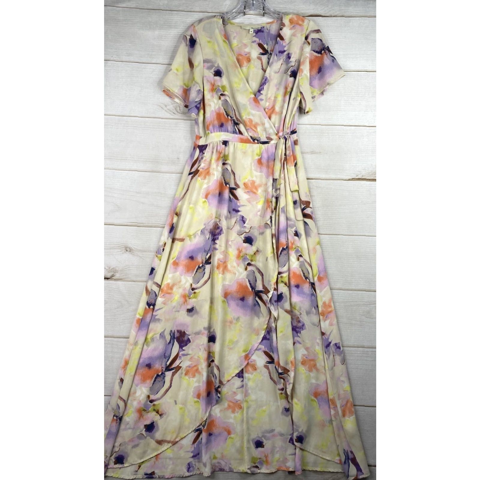Hudson June & Hudson Maxi Dress Womens M Wrap Abstract Floral Boho Peasant Tie Front Yellow Size M / US 6-8 / IT 42-44 - 2 Thumbnail