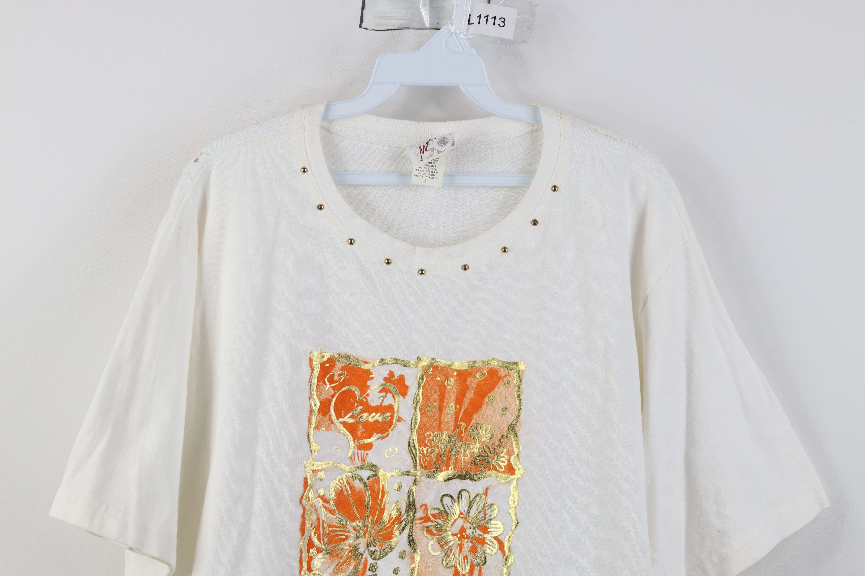 Vintage Vintage 90s Streetwear Studded Flower Love T-Shirt USA Size L / US 10 / IT 46 - 2 Thumbnail