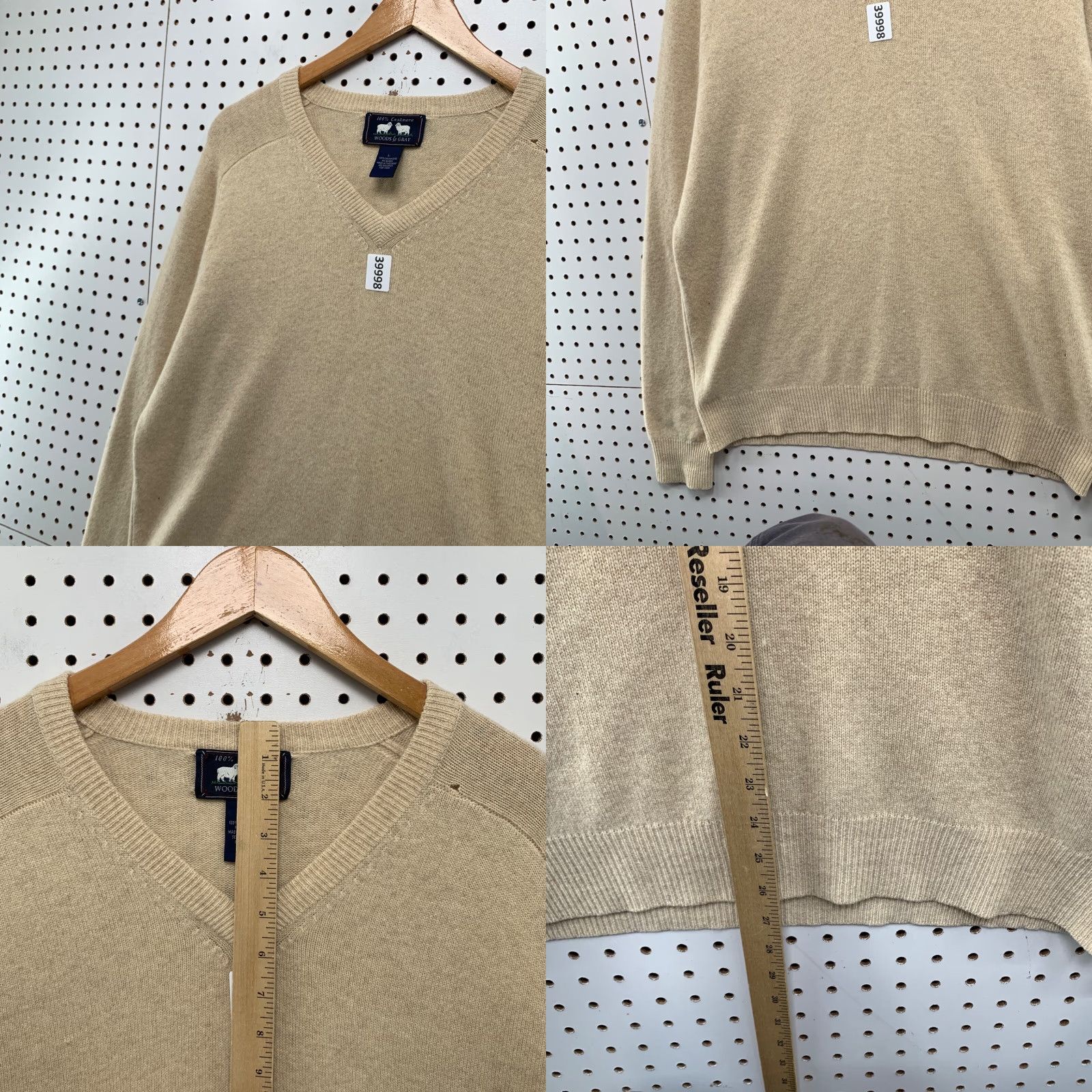 Vintage Woods & Gray 100% Cashmere Knit Sweater Mens Large Beige V-Neck Pullover Size US L / EU 52-54 / 3 - 9 Thumbnail
