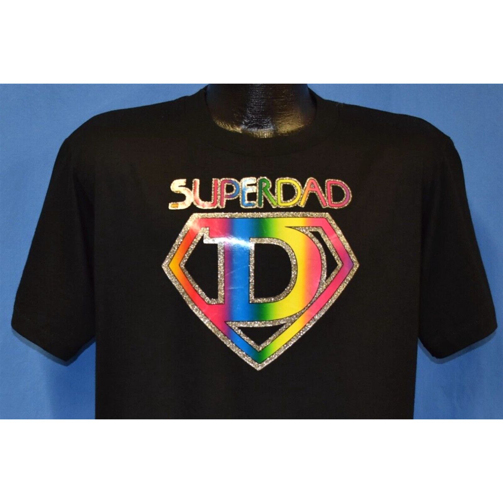 image of Vintage VTG 80's Superdad Glitter Iron On Rainbow Spoof Superhero Logo Father T-Shirt L in White (S