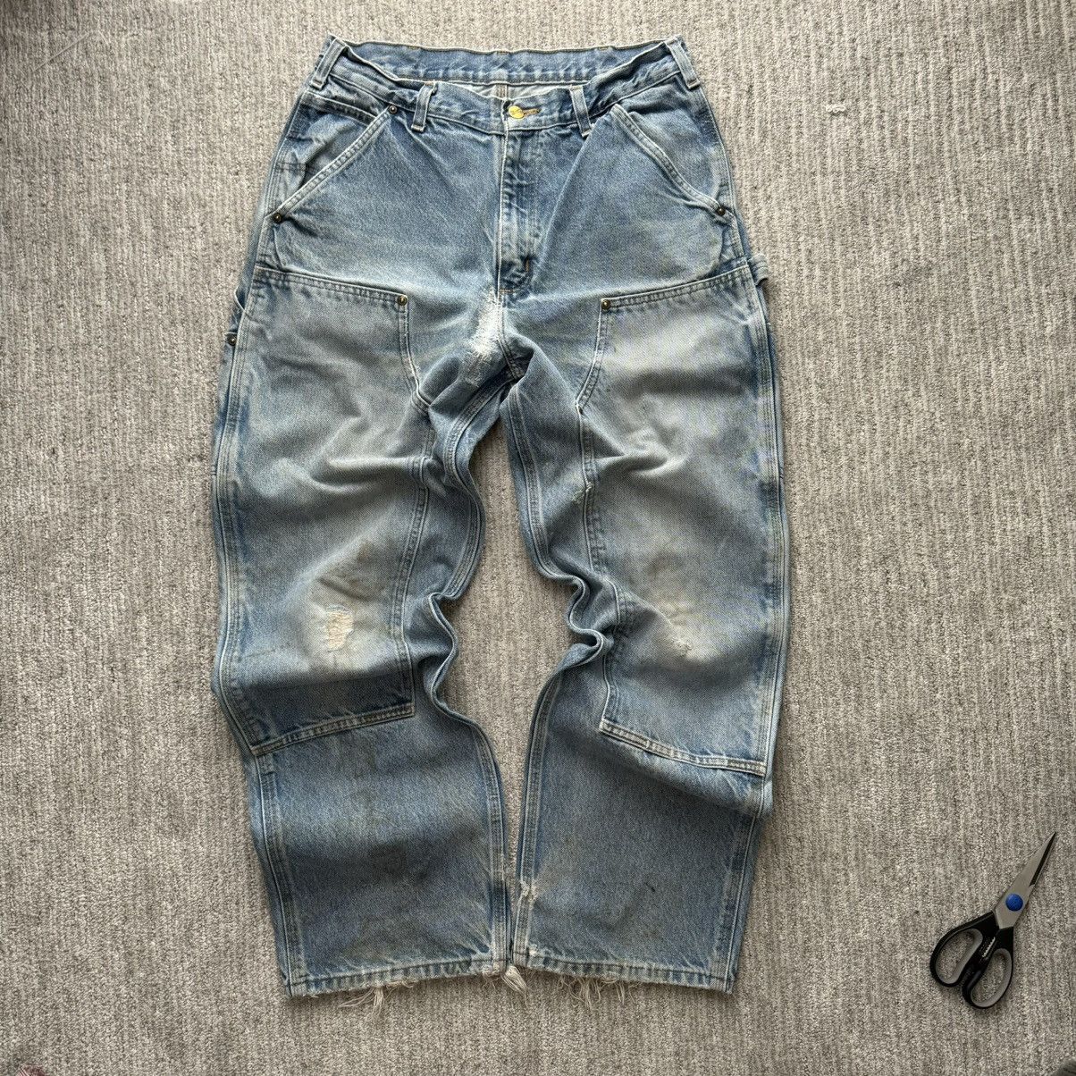 Pre-owned Carhartt X Made In Usa Crazy Vintage Faded Denim Carhartt Double Knee Pants In Blue