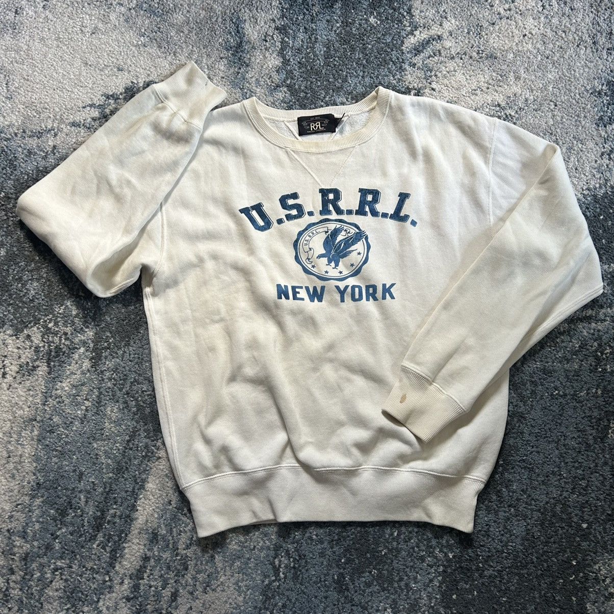 RRL Ralph Lauren 2018 CREAM U.S.R.R.L. MOUNTED COLLAR FOOTBALL CREWNECK BLUE Size US M / EU 48-50 / 2 - 11 Thumbnail