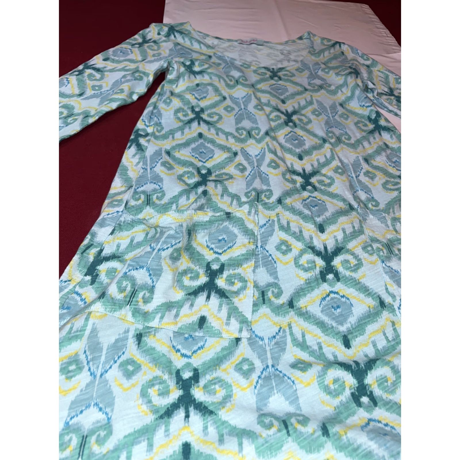 Vintage FRESH PRODUCE Cotton Knit Jersey Dress Aqua Blue Yellow 3/4 Sleeve Pockets A Line XS Pullover Geometric Shirt Dress Women Casual Dress Size XS / US 0-2 / IT 36-38 - 6 Thumbnail
